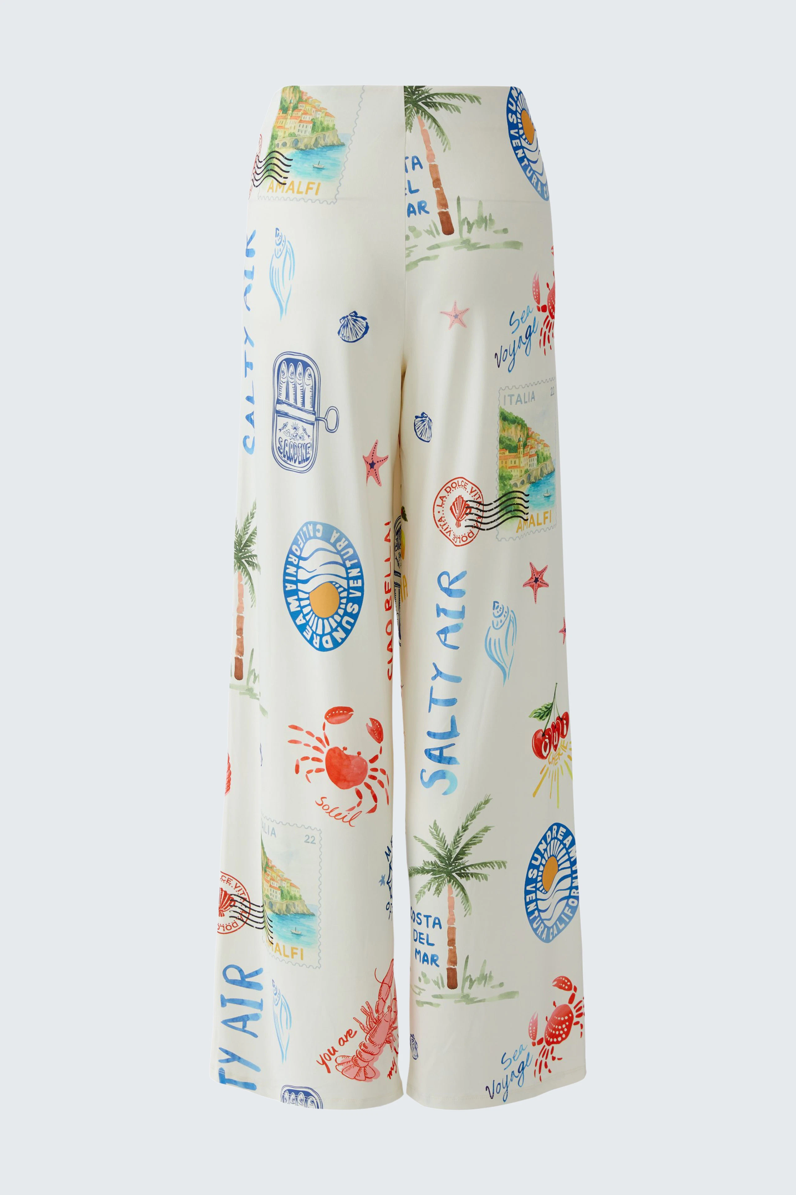 Colorful Marlene pants with beach print, wide-leg design, perfect for a relaxed summer look.