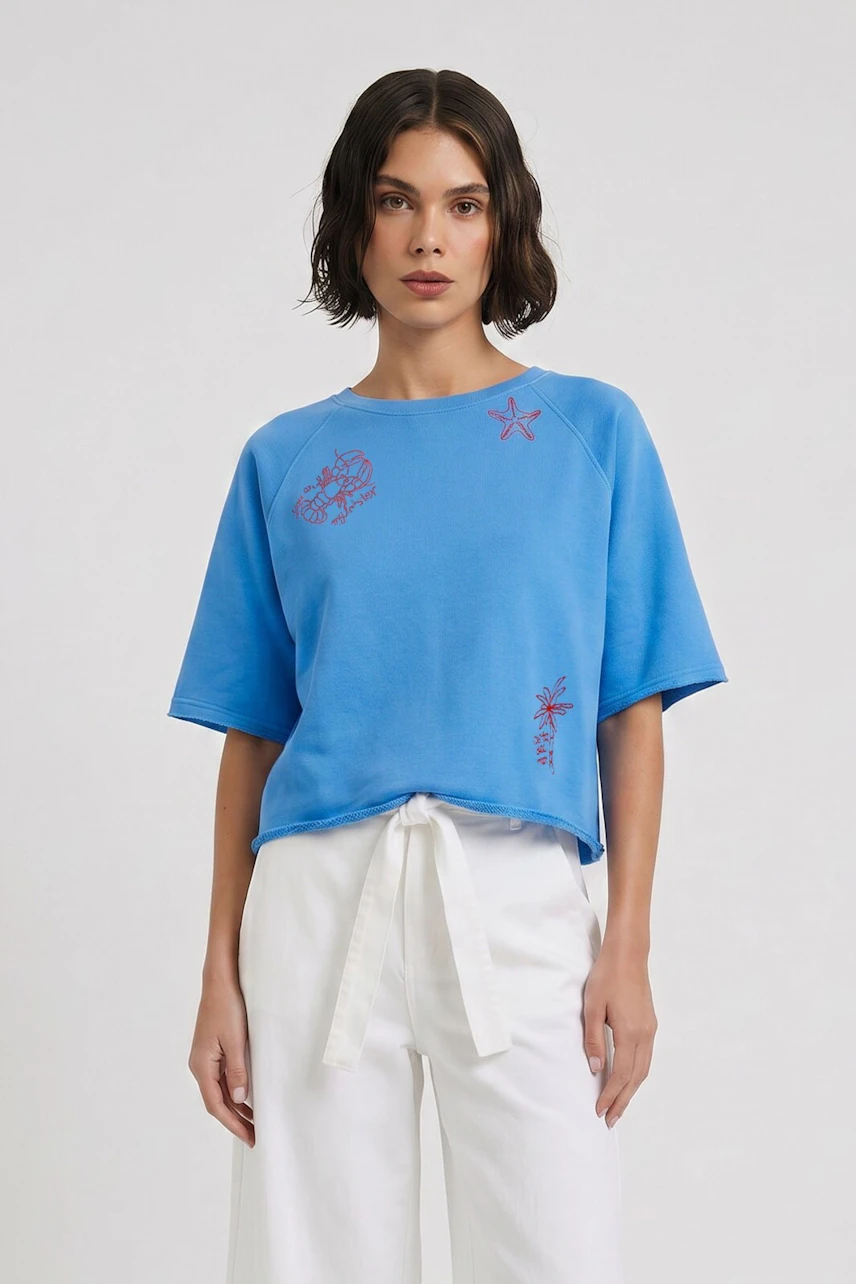 Casual women's sweatshirt: Woman in blue sweatshirt with red embroidery, short sleeves, and relaxed fit.