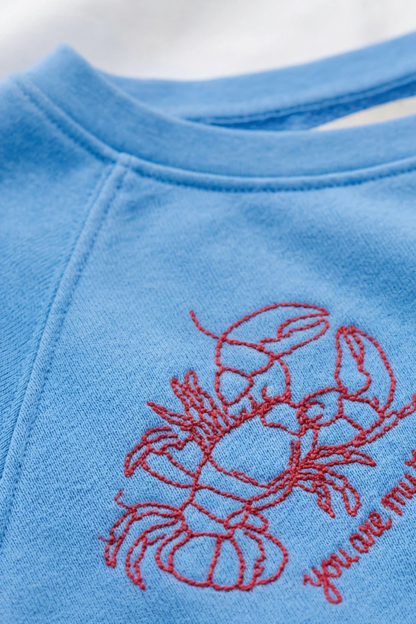Blue sweatshirt with red lobster embroidery, close-up view. Casual and stylish for everyday wear.