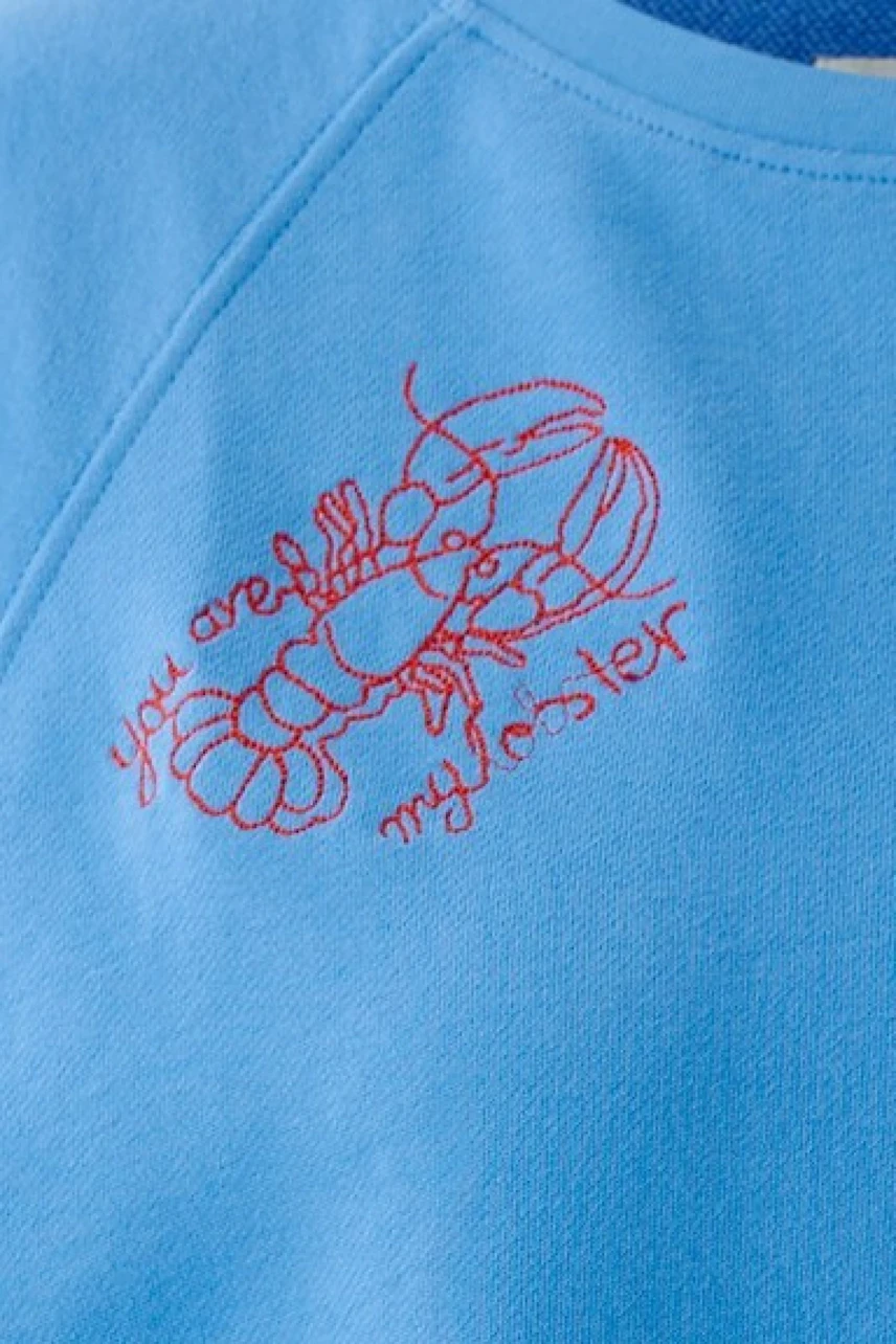 Blue sweatshirt with red lobster embroidery, close-up view. Casual and stylish for everyday wear.