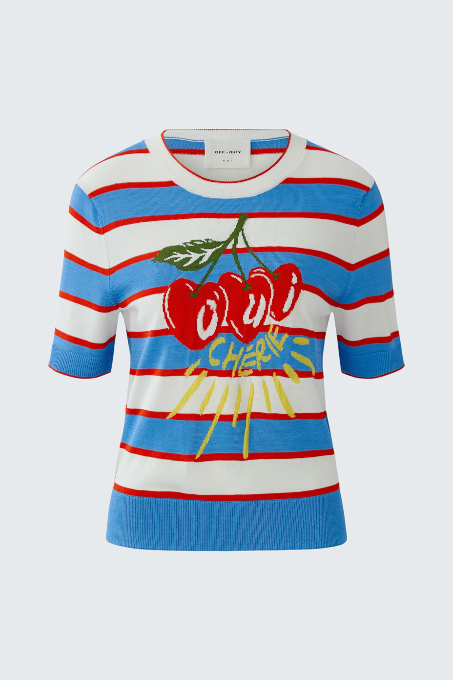 Colorful women's pullover with cherry print and stripes, perfect for a casual look.