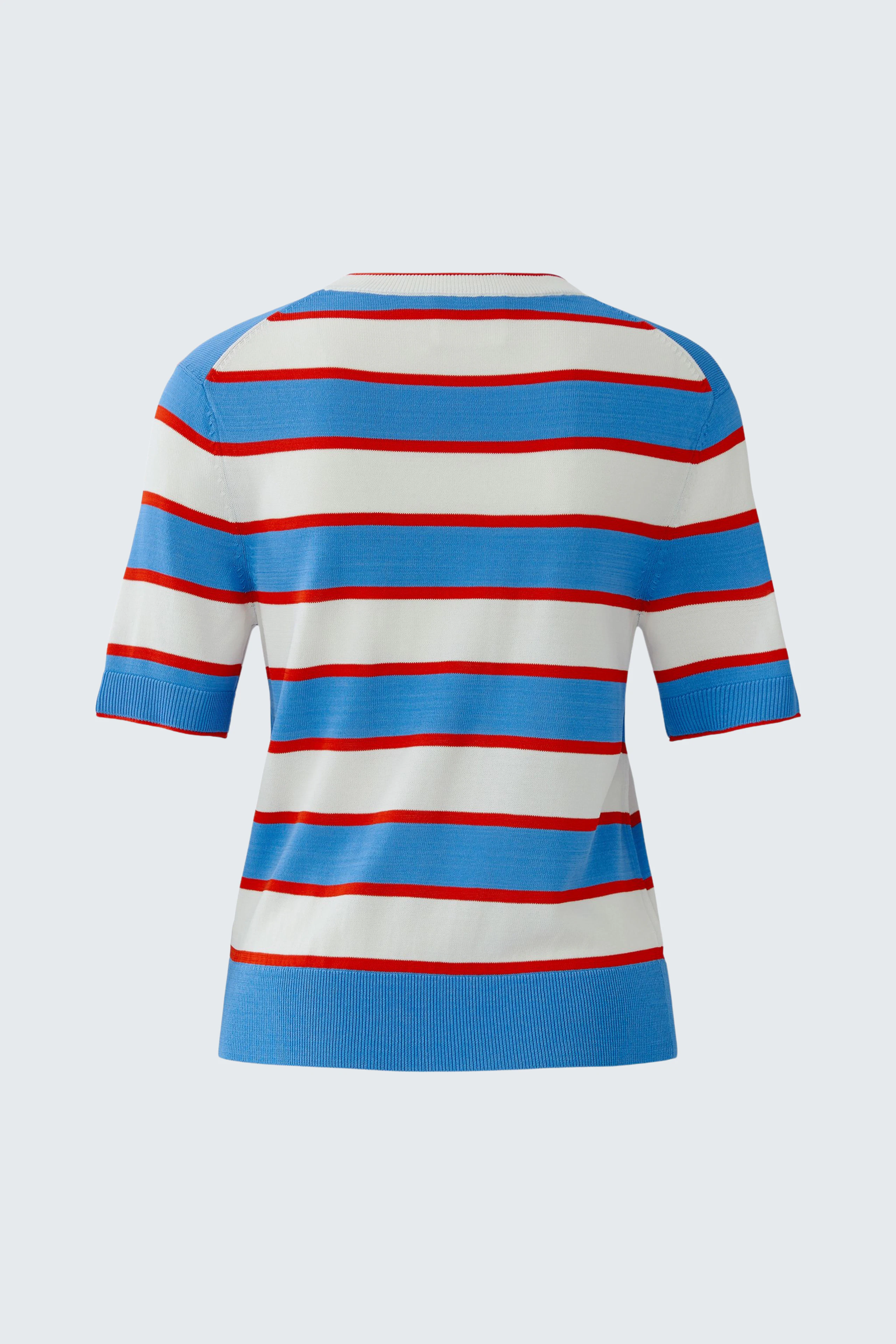 Casual pullover: Blue, white, and red striped pullover with short sleeves, shown without a model.