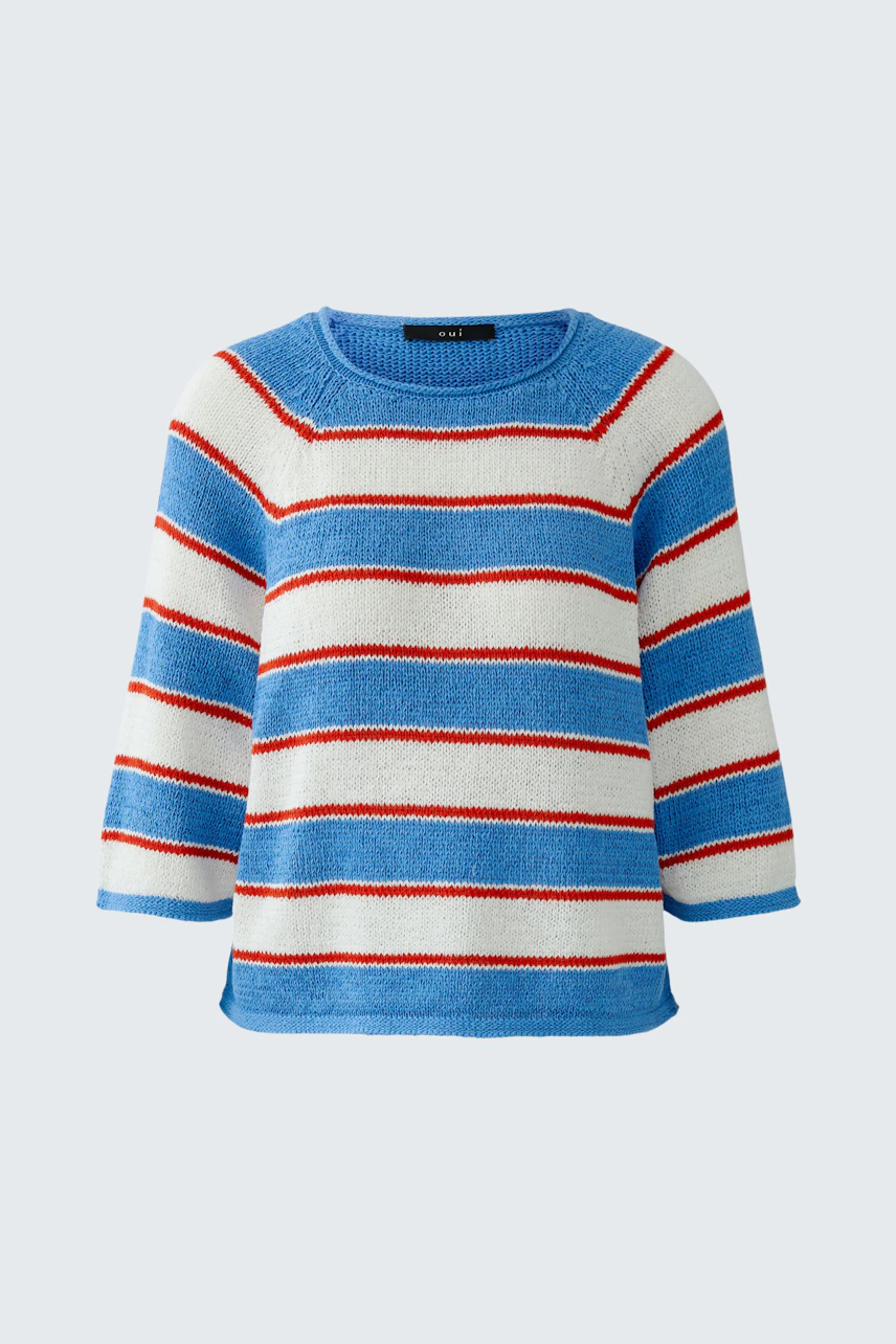 Striped pullover: Blue, white, and red striped pullover with a relaxed fit, no model visible.