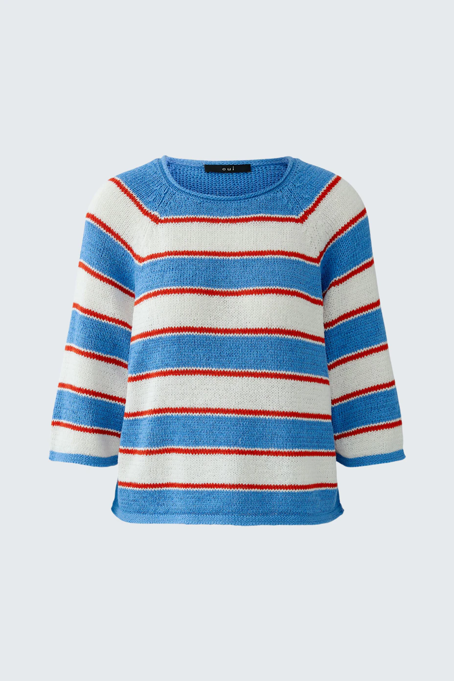 Striped pullover: Blue, white, and red striped pullover with a relaxed fit, no model visible.
