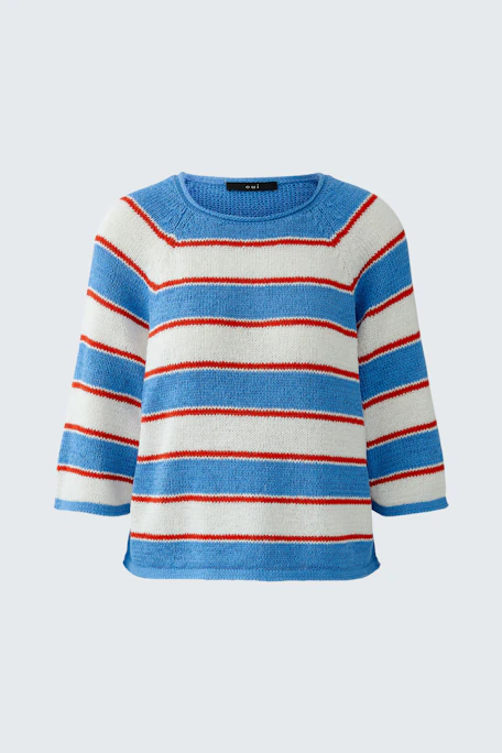 Gestreifter Damen-Pullover in Blau, Weiß und Rot. Bequemes Design ohne Model im Bild.