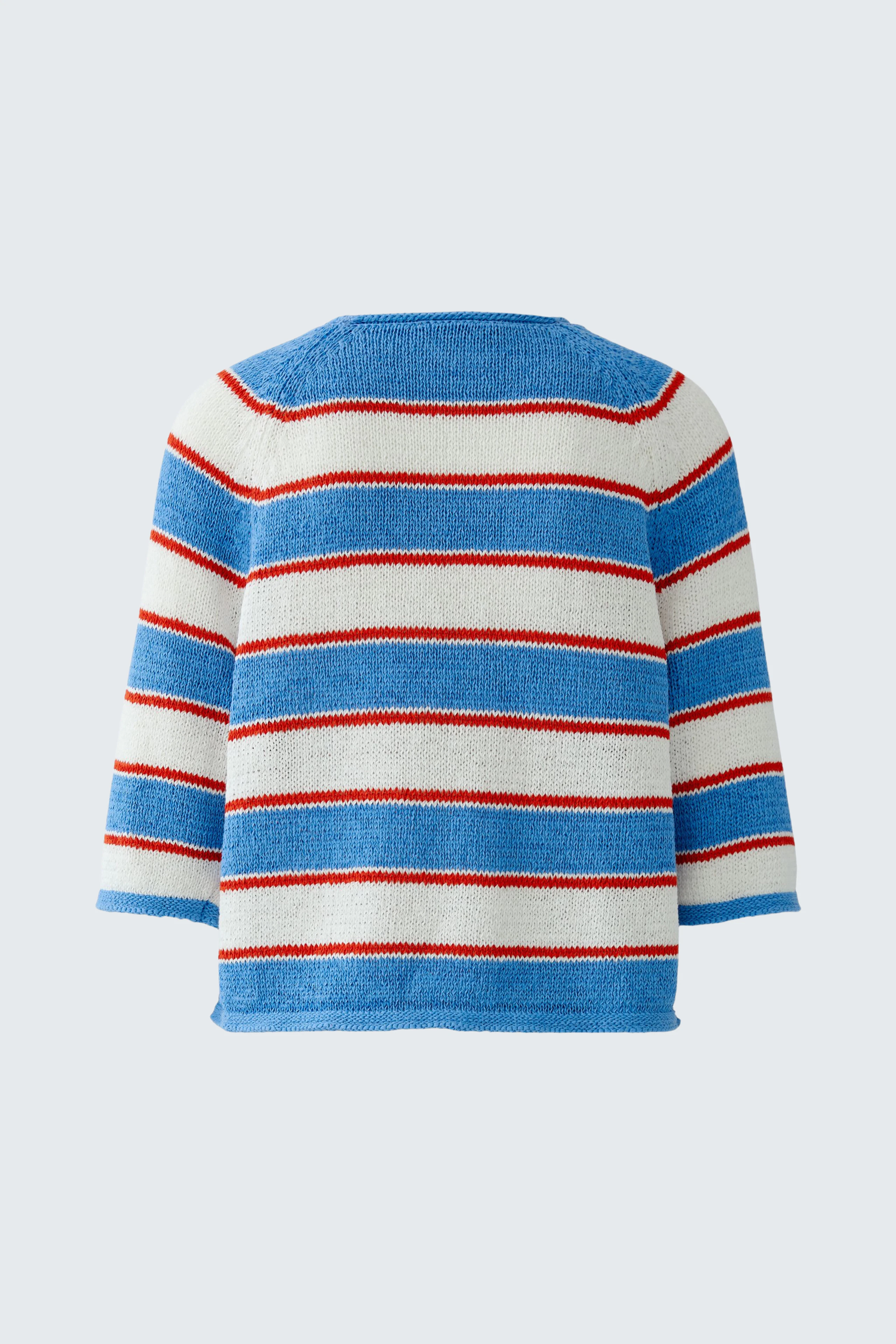 Casual women's pullover: Blue and white striped pullover with red accents, perfect for a relaxed look.