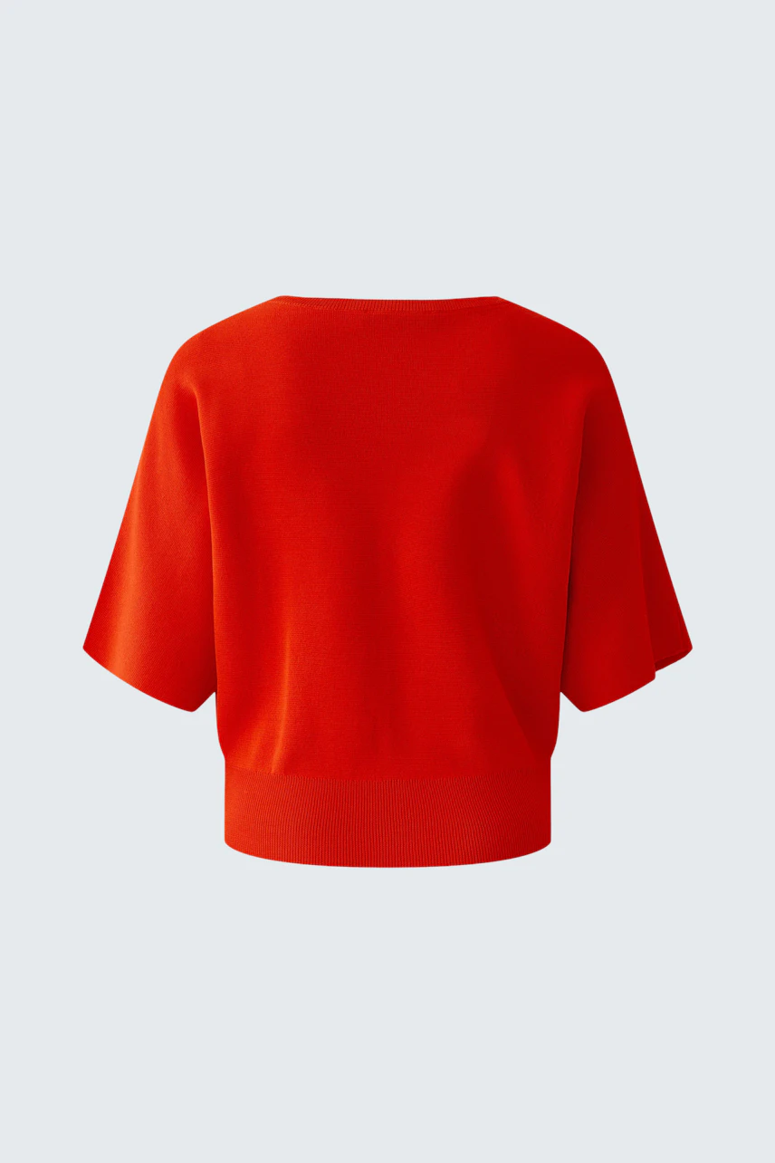 Bright red pullover with wide sleeves, shown without a model. Casual and vibrant design.