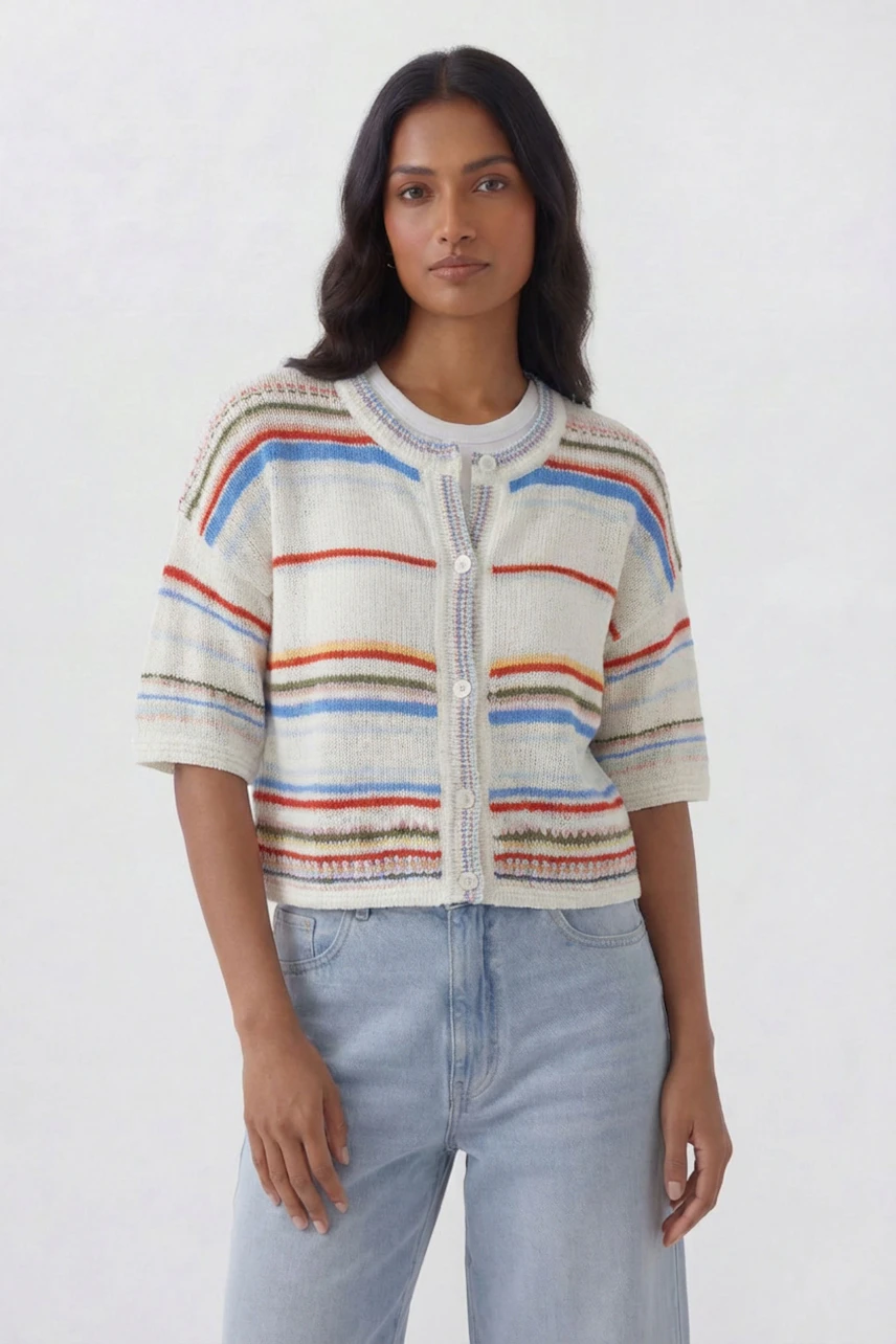 Casual cardigan: Woman in a striped knit cardigan with short sleeves and buttons, paired with light jeans.