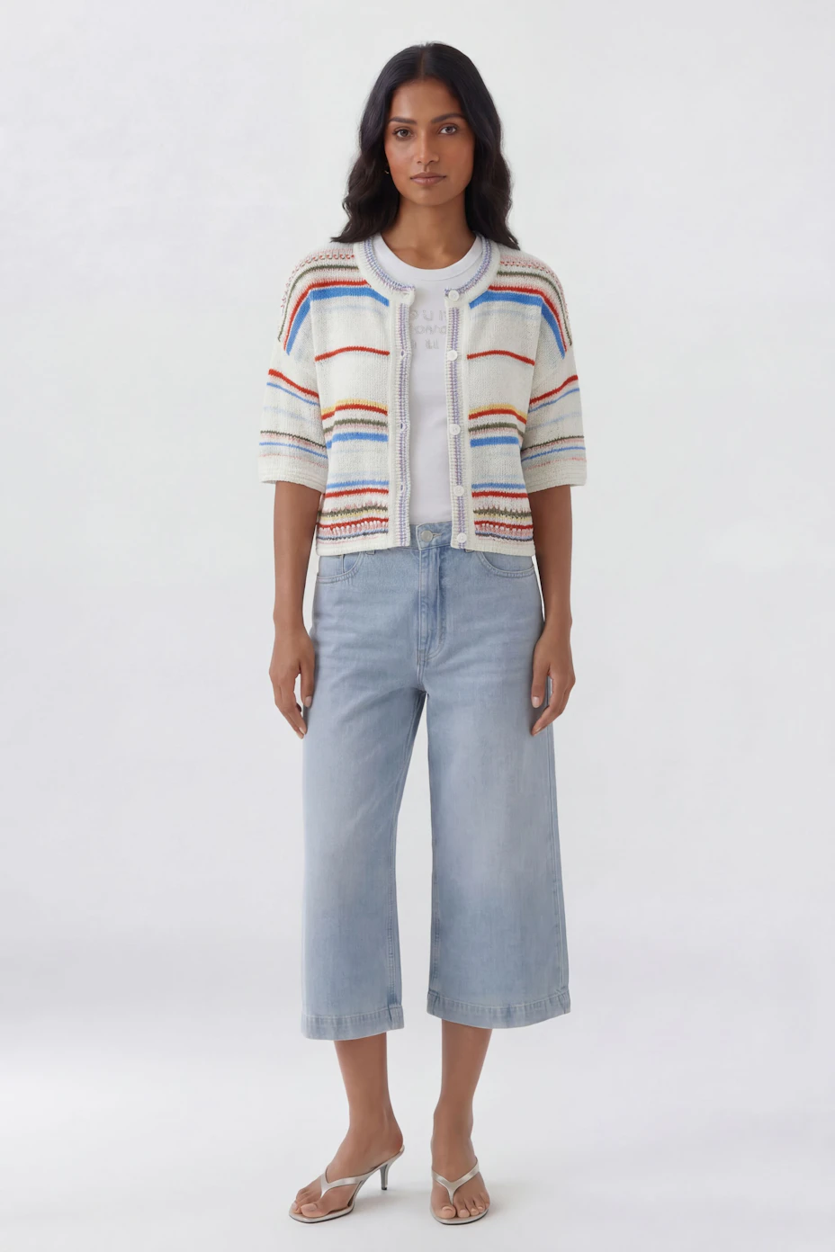Colorful striped cardigan: Short-sleeved knit with vibrant stripes, perfect for casual wear.