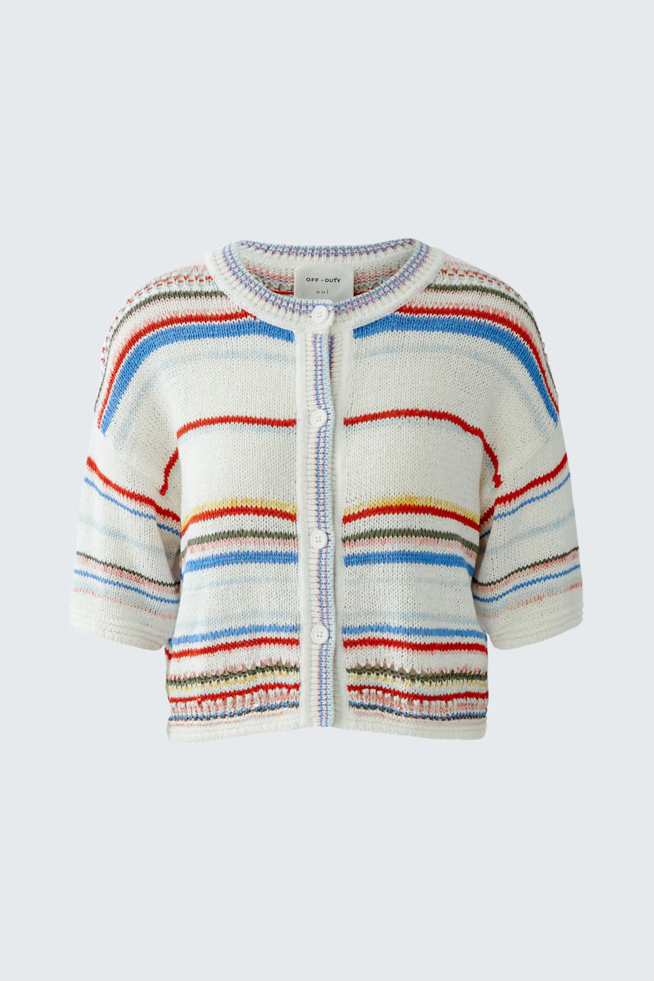 Colorful striped cardigan: Short-sleeved knit with vibrant stripes, perfect for casual wear.