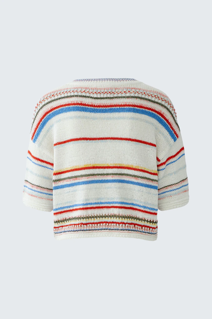 Striped knit cardigan: Colorful stripes on a short-sleeved design, perfect for casual wear.