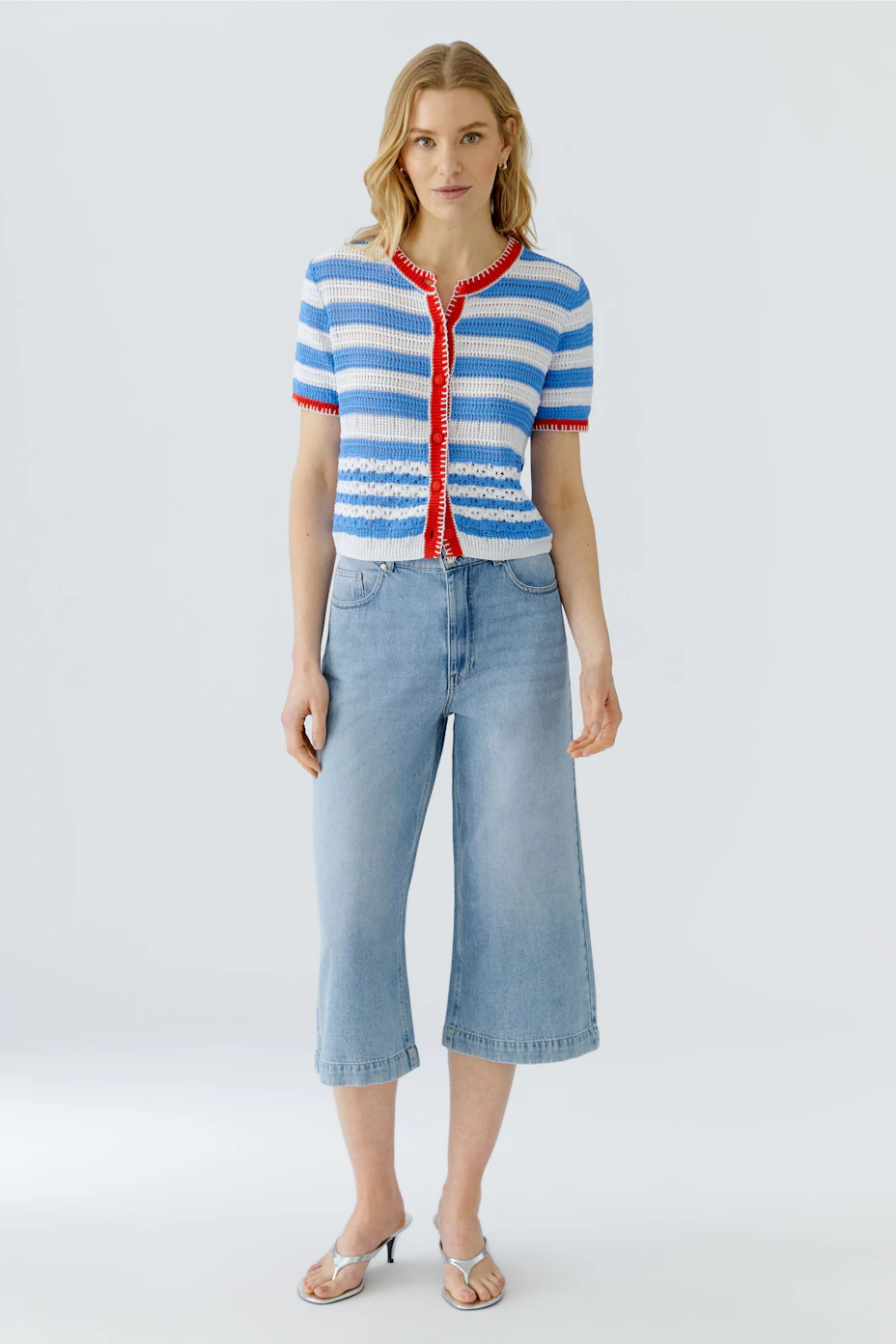 Striped cardigan: Blue and white knit with red trim, short sleeves, no model visible.