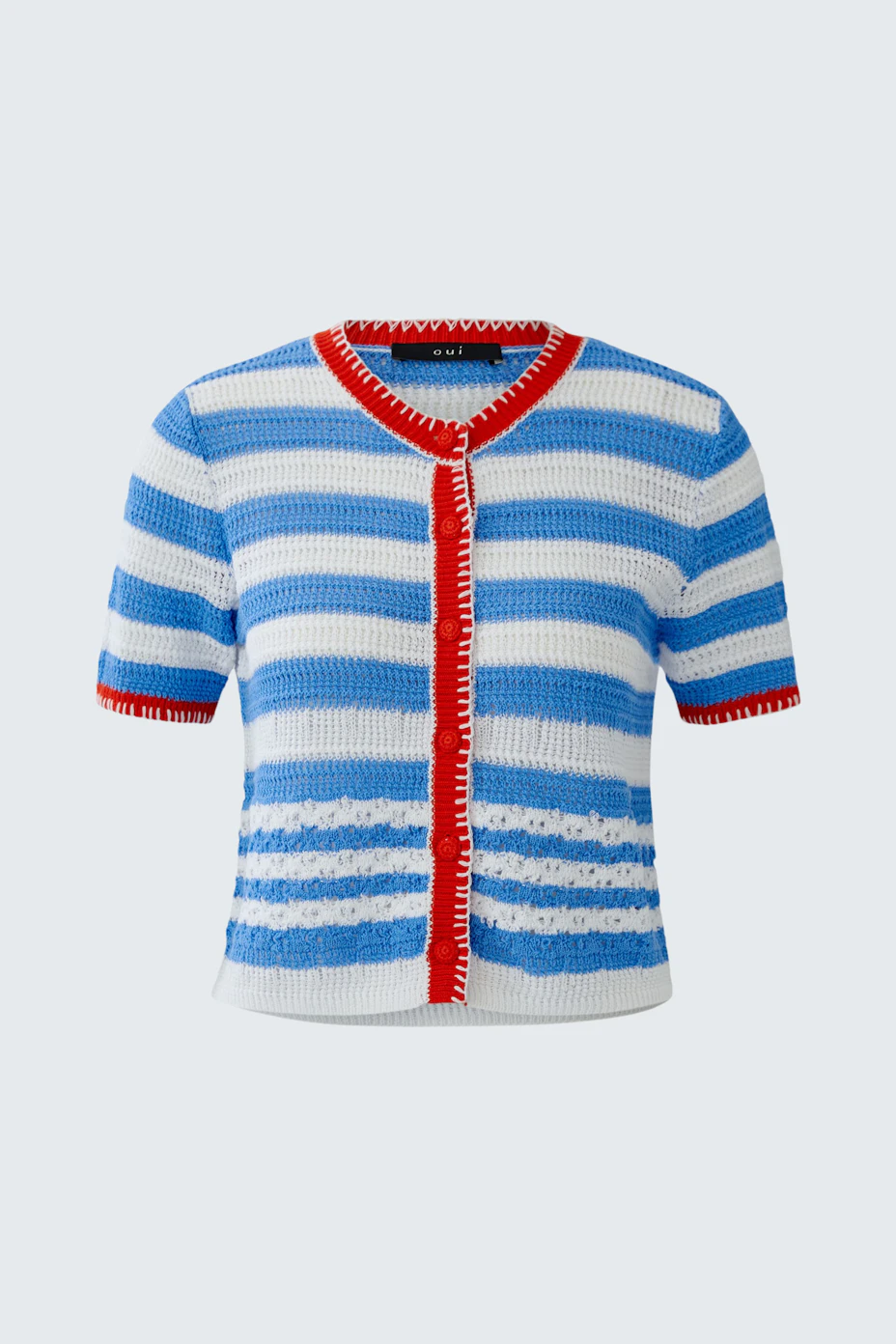 Striped cardigan: Blue and white knit with red trim, short sleeves, no model visible.