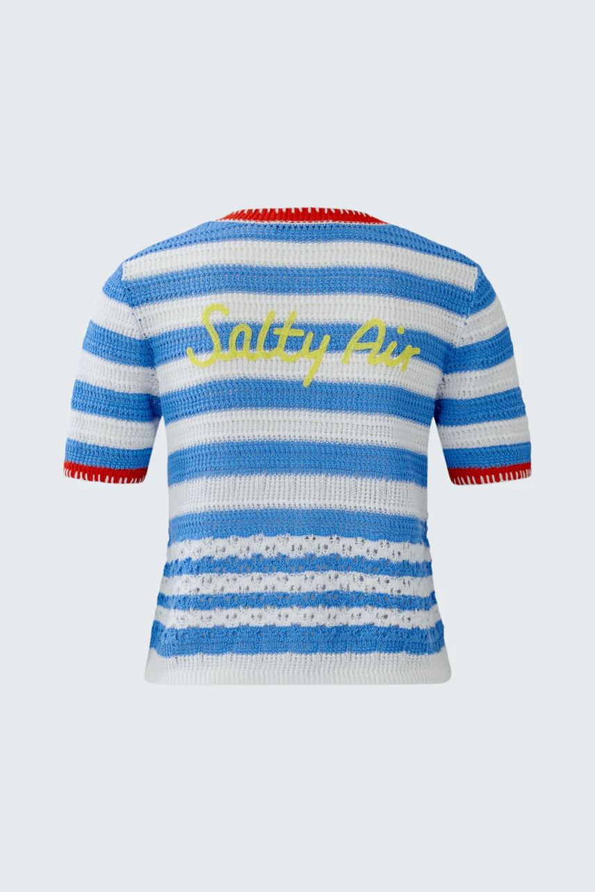 Striped cardigan with 'Salty Air' text, blue and white with red accents, short sleeves, no model shown.