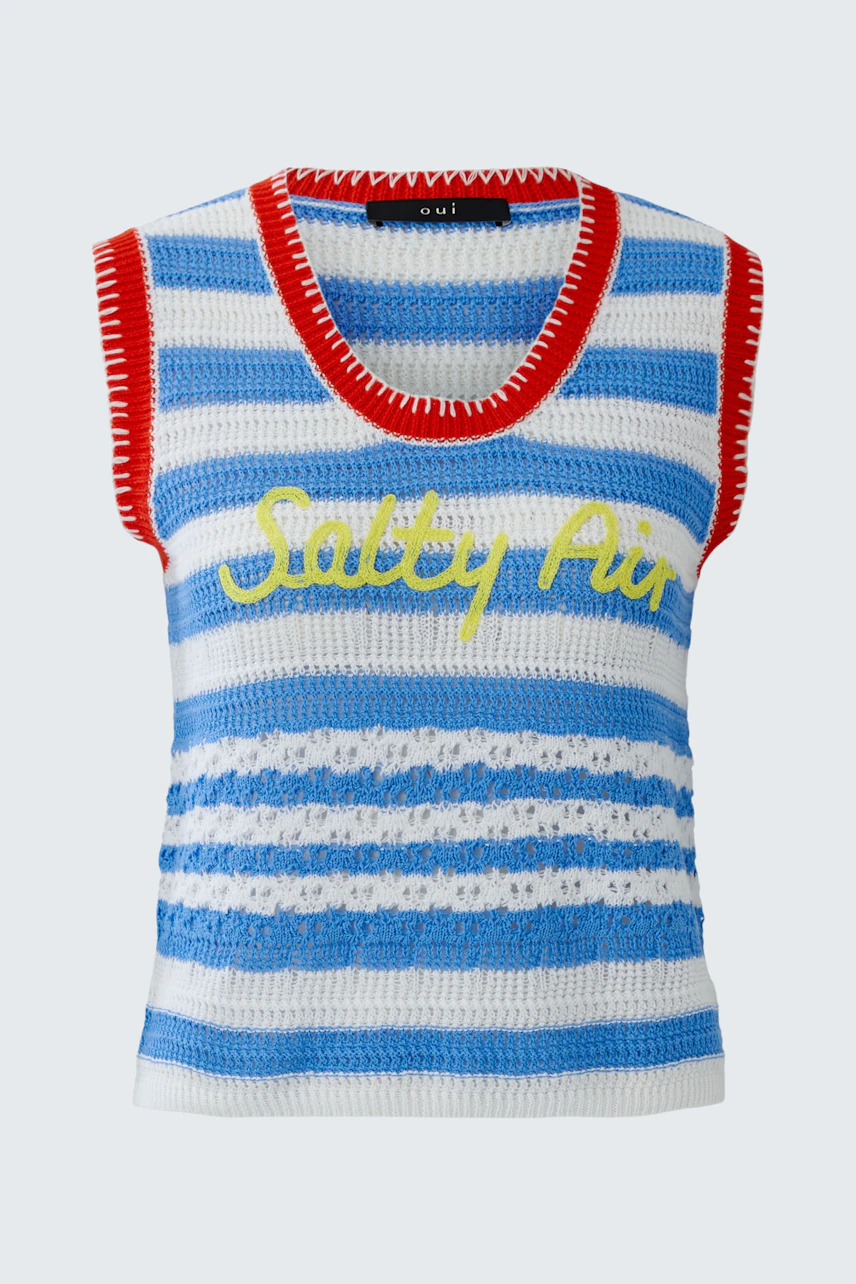 Striped crochet top with 'Salty Air' text in yellow, featuring red trim. Casual and vibrant design.