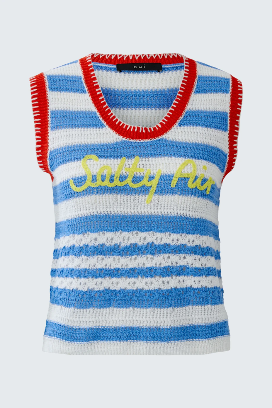 Striped crochet top with 'Salty Air' text in yellow, featuring red trim. Casual and vibrant design.