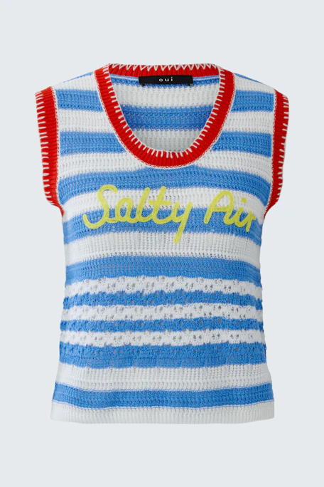 Gestreiftes Damen-Top: Blau-weiß mit rotem Rand und gelbem Schriftzug "Salty Air".