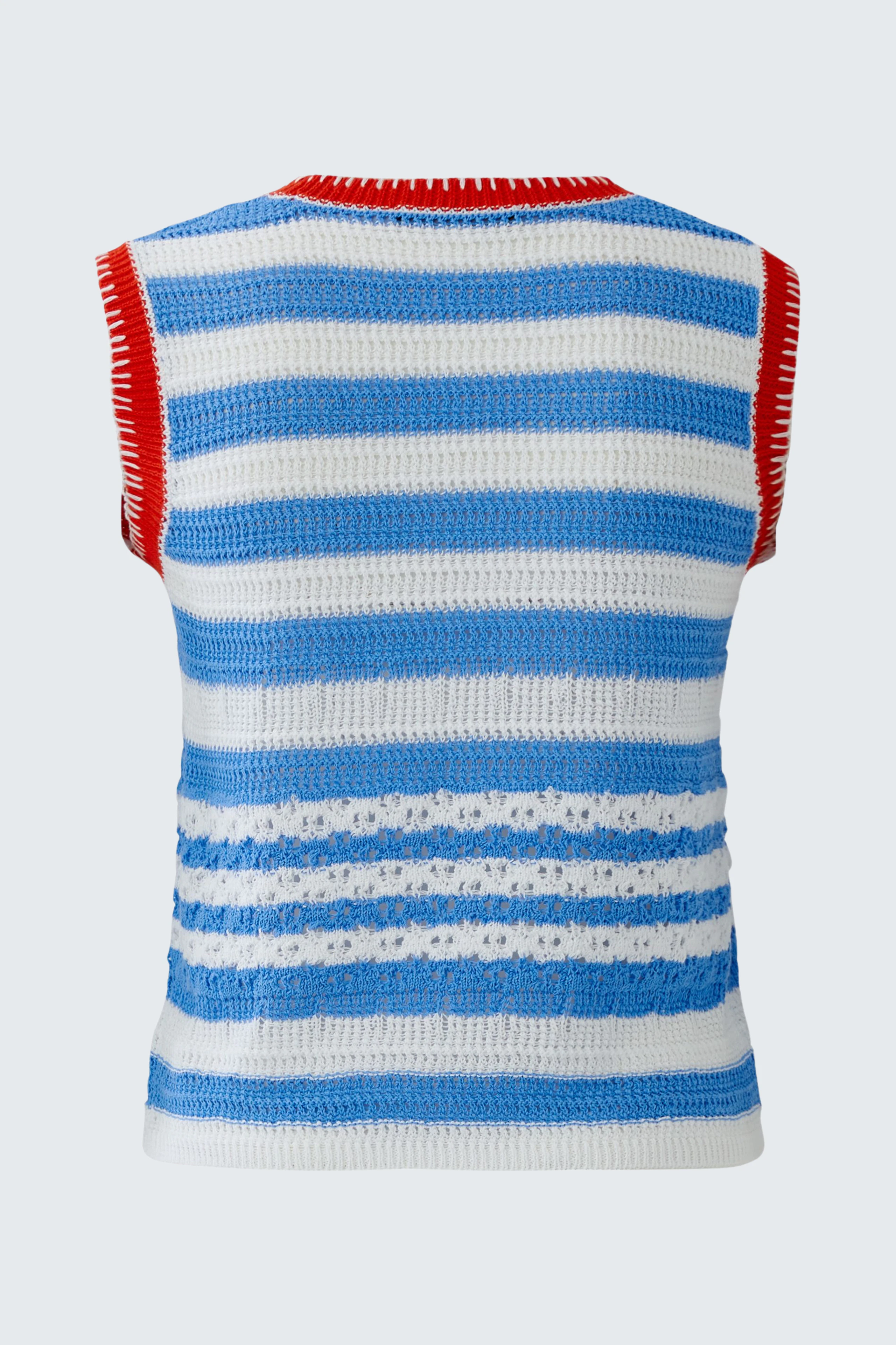 Striped sleeveless top: Blue and white knit with red trim, perfect for casual summer days.