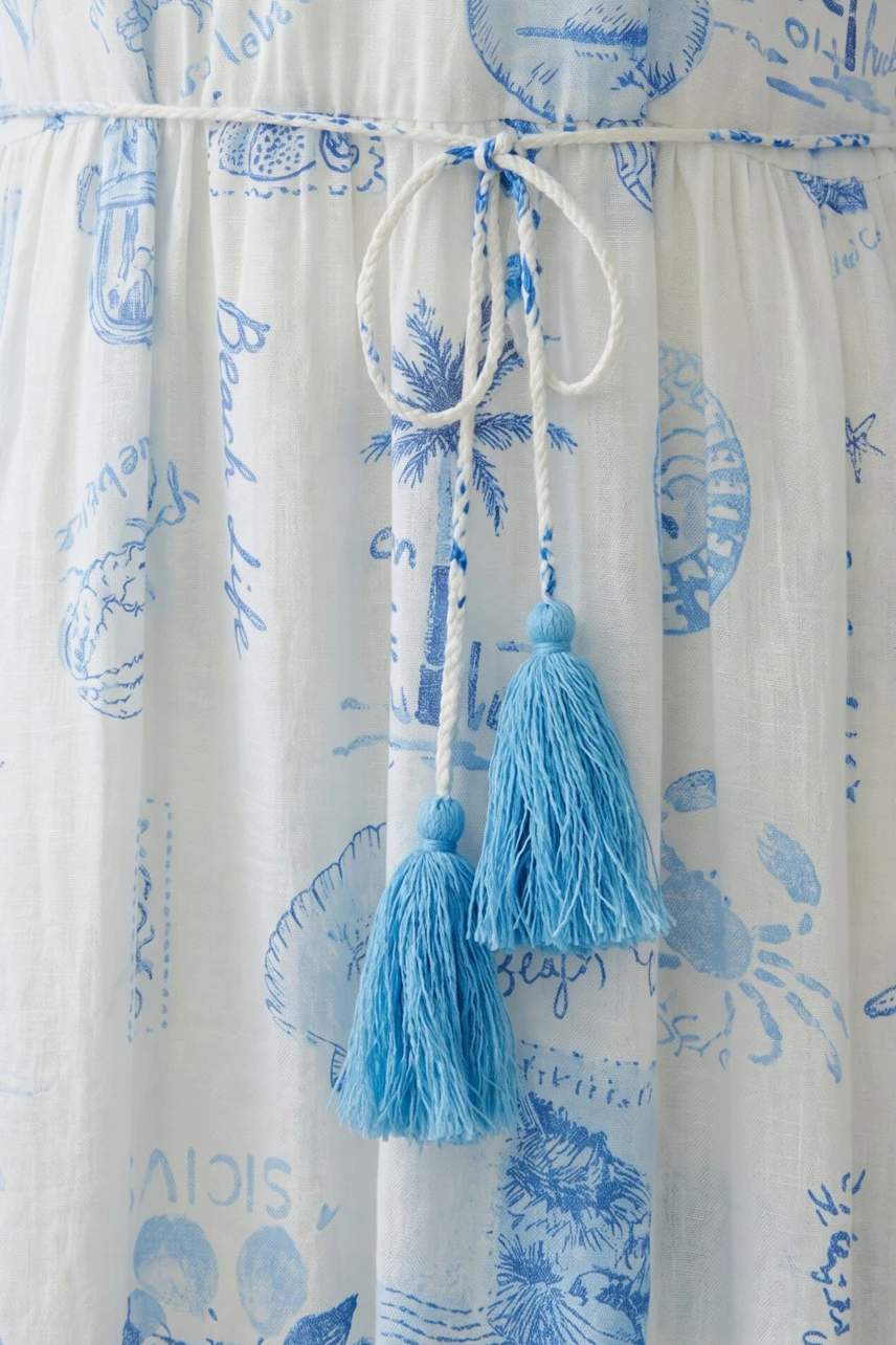 White maxi dress with blue beach print and tassels. No model, focus on dress details.