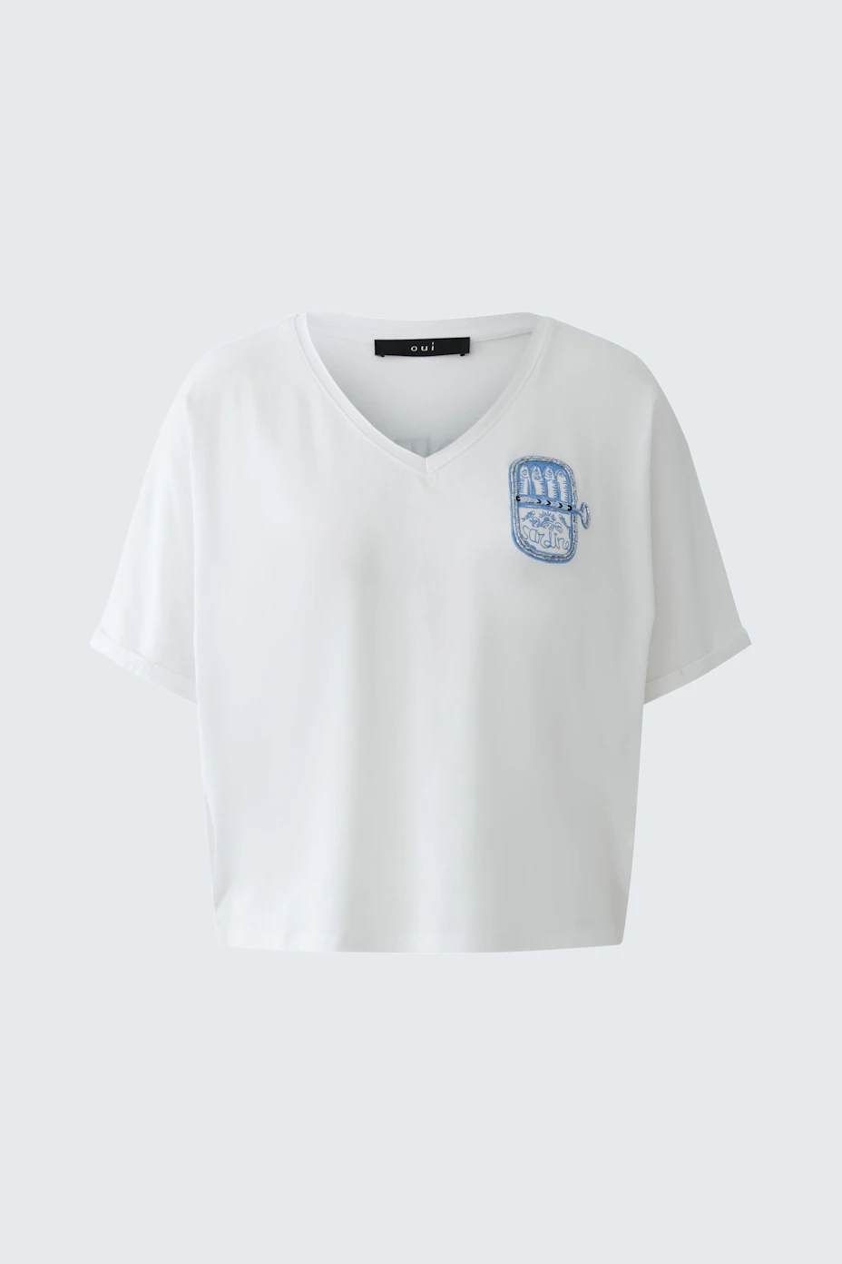 Casual women's T-shirt: White V-neck with blue graphic on chest, short sleeves, relaxed fit.