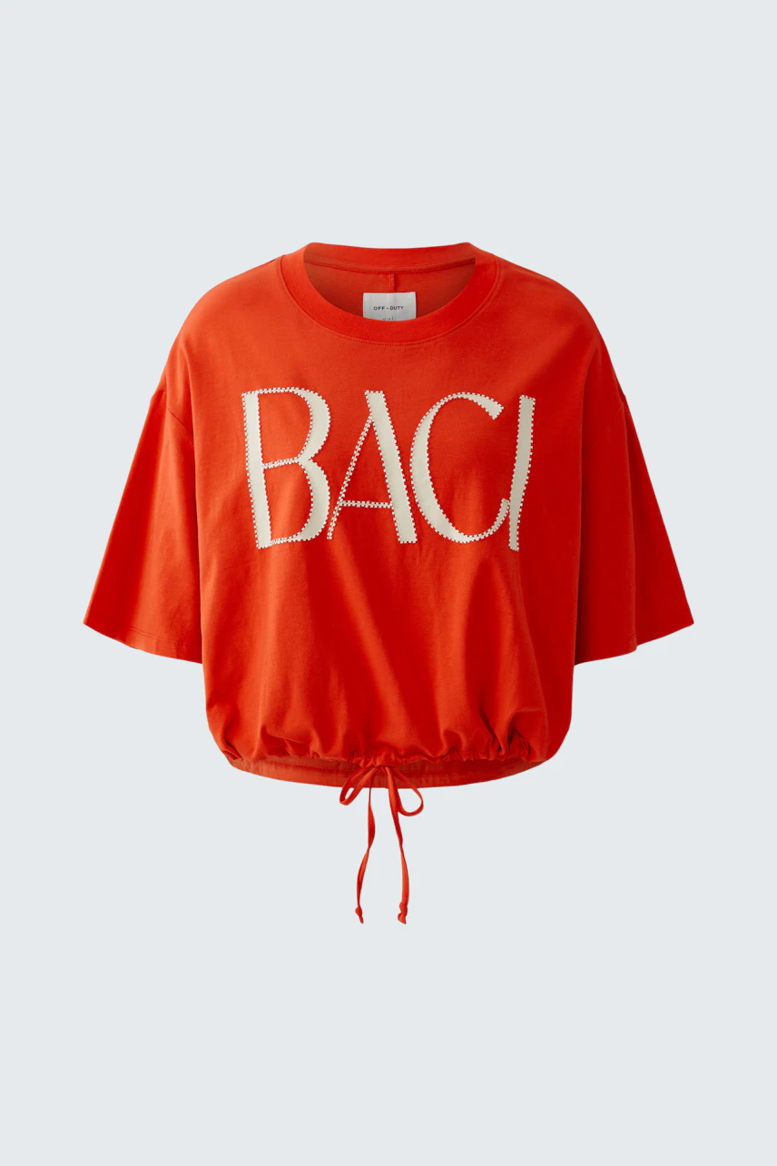 Casual women's T-shirt: Bright red with 'BACI' text, featuring a drawstring hem for a relaxed fit.