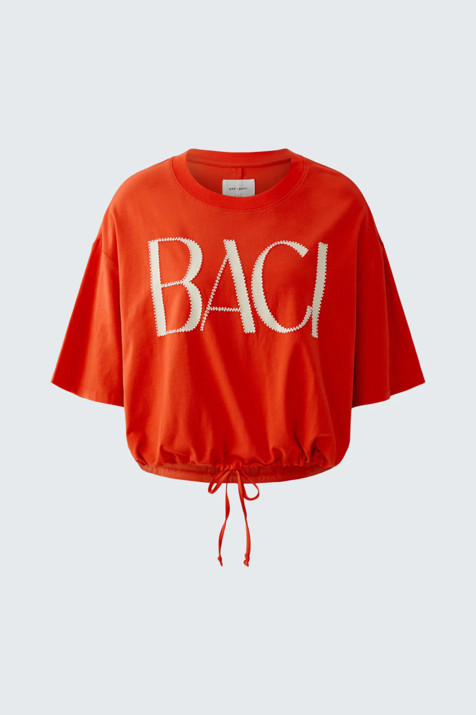 Casual women's T-shirt: Bright red with 'BACI' text, featuring a drawstring hem for a relaxed fit.