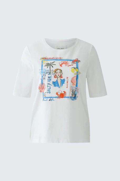 Weißes T-Shirt mit buntem Print: Lässiges Design mit maritimen Motiven, ideal für einen entspannten Look.