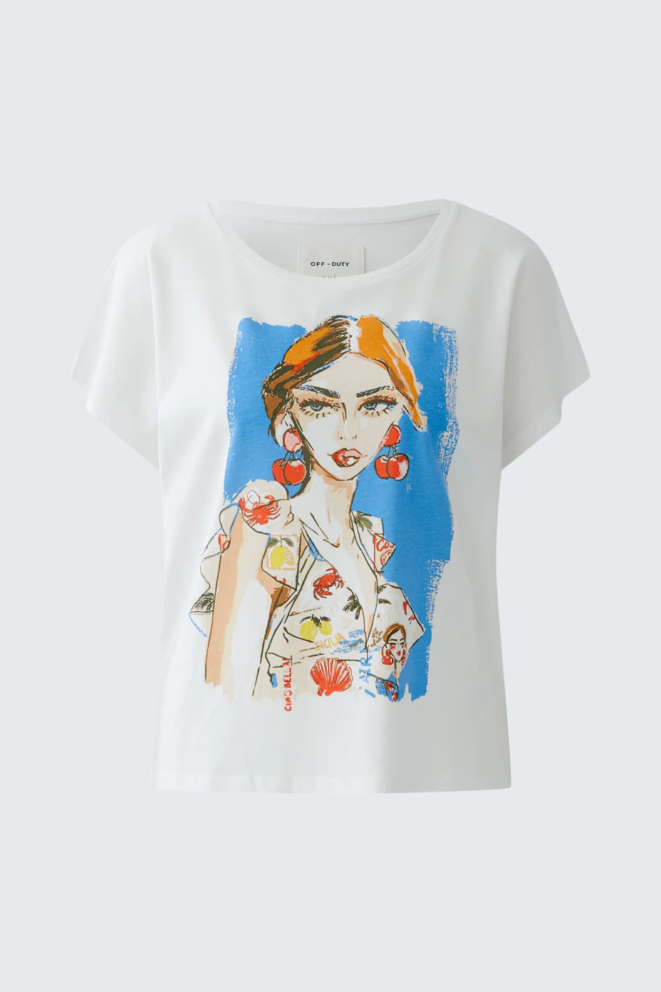 White T-shirt with colorful woman illustration, floral details, and short sleeves.