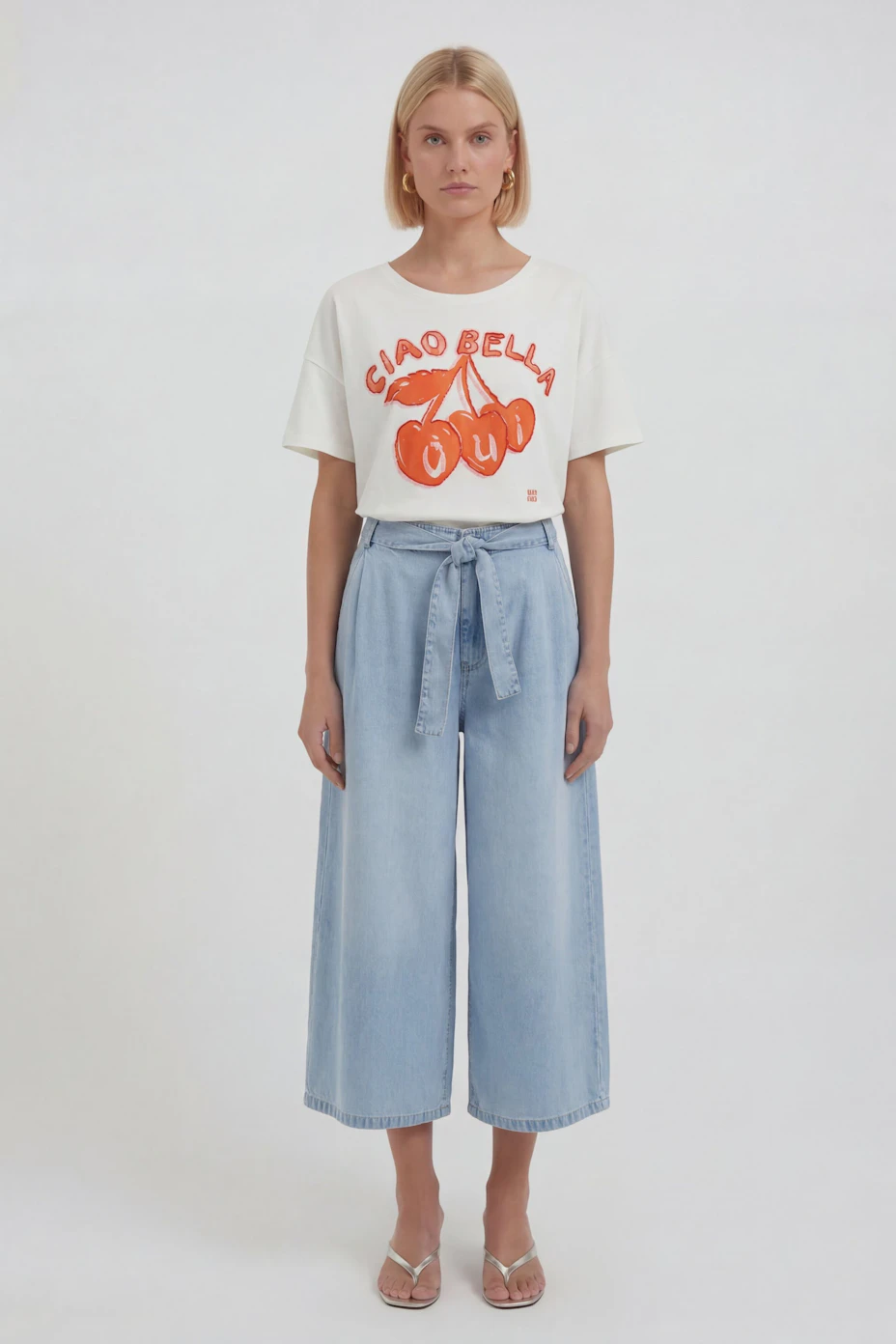 White T-shirt with red cherry print and 'Ciao Bella' text, perfect for a casual look.