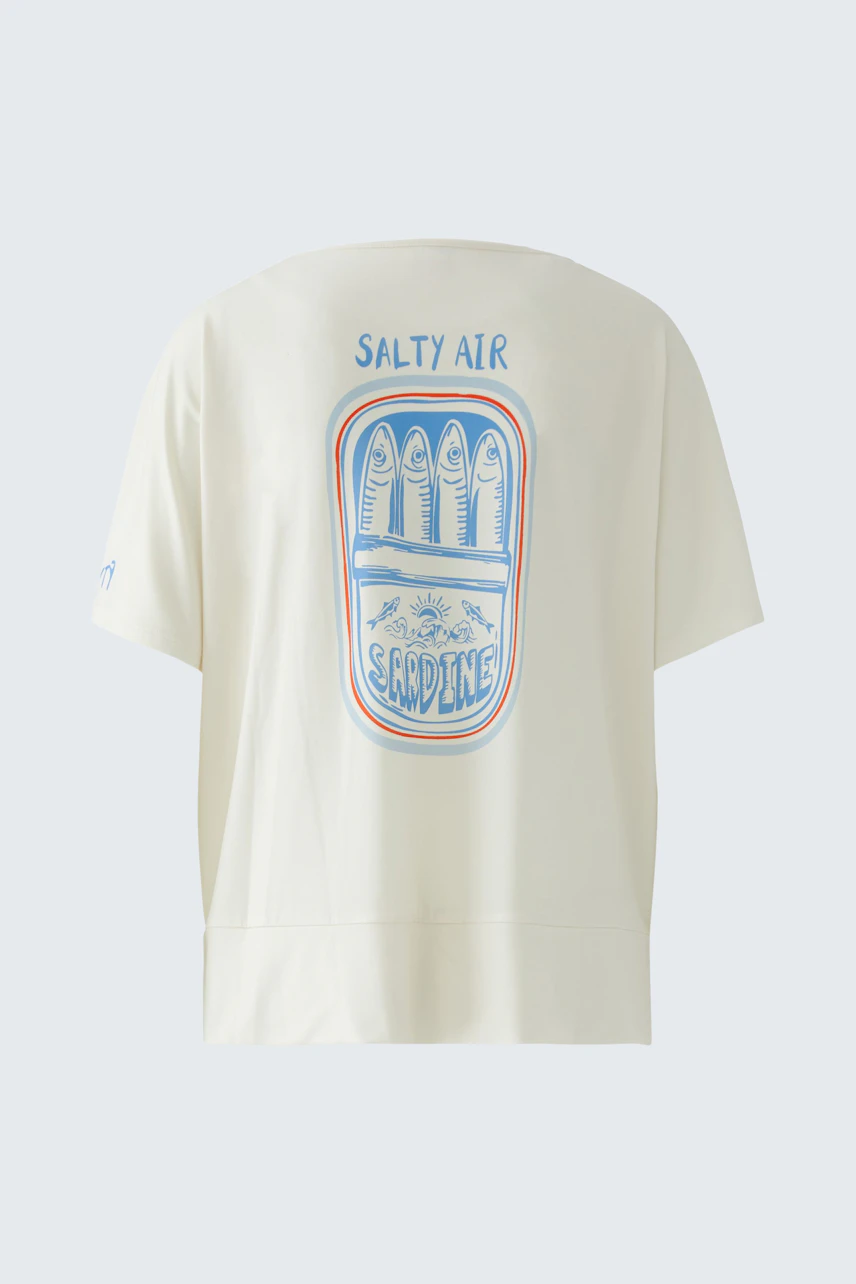 Casual women's T-shirt: White T-shirt with surfboard graphic and 'Salty Air' text on the back.