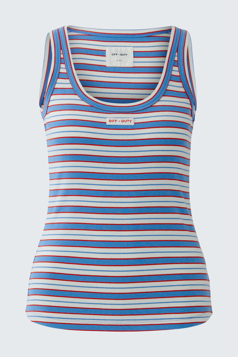 Gestreiftes Damen-Tank Top in Blau, Rot und Weiß. Ideal für lässige Sommerlooks.
