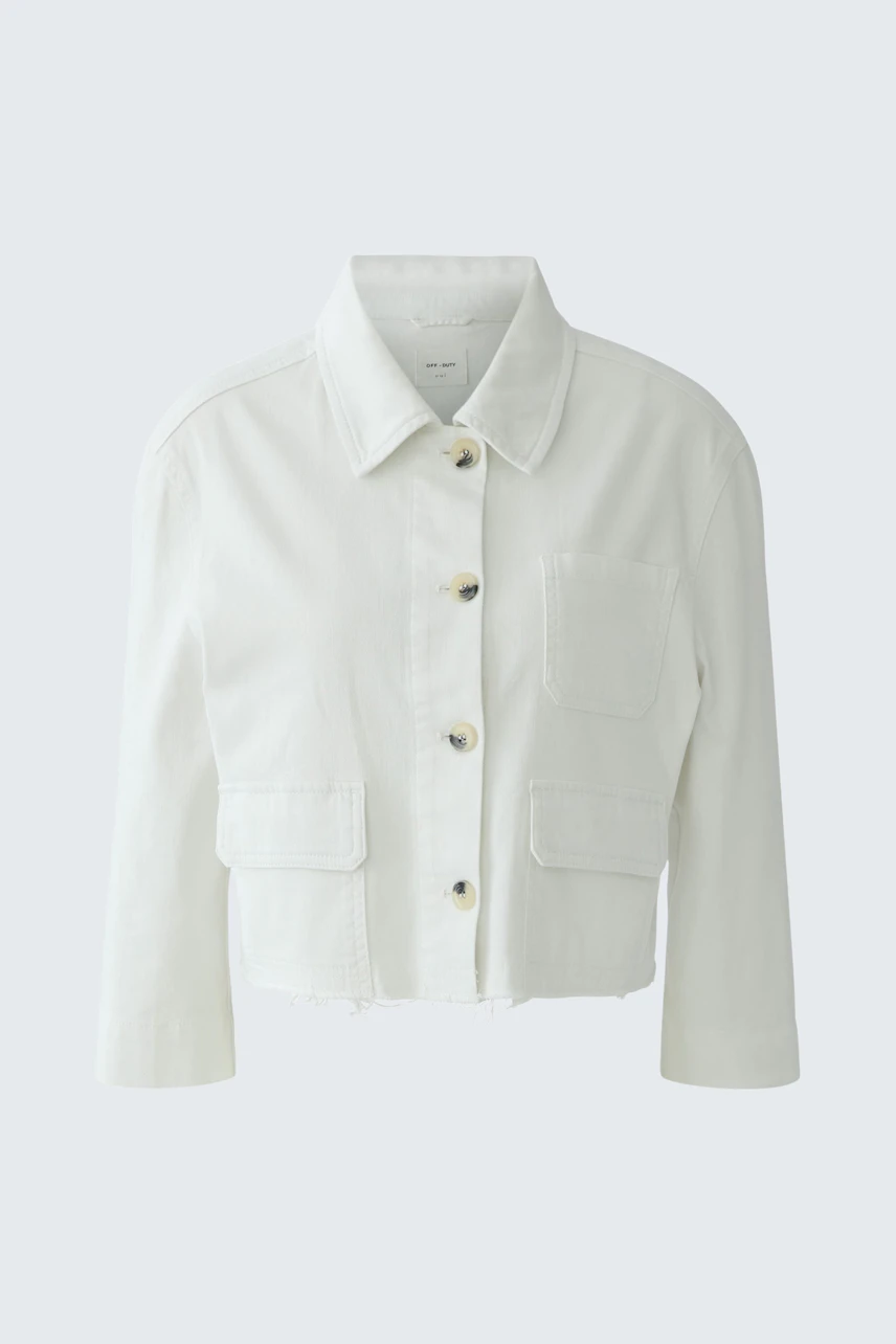 White denim jacket: Classic design with button front and chest pockets, perfect for casual wear.