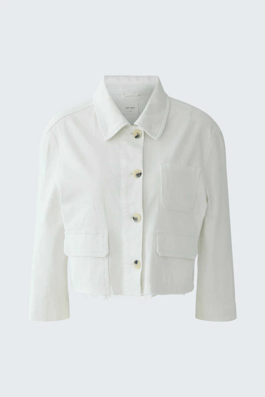 White denim jacket: Classic design with button front and chest pockets, perfect for casual wear.