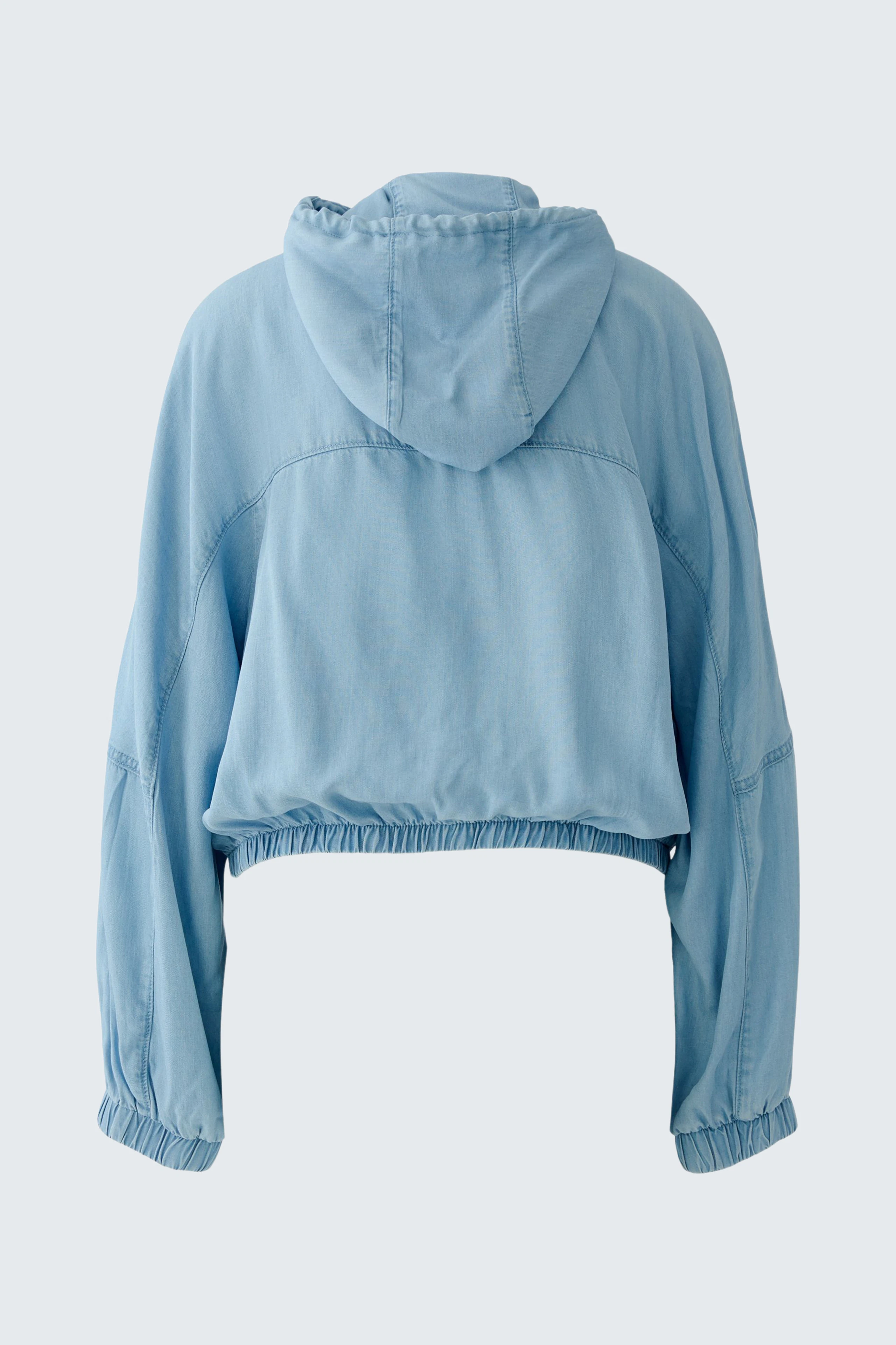 Casual women's jacket: Light blue hooded jacket with elastic hem, displayed without a model.