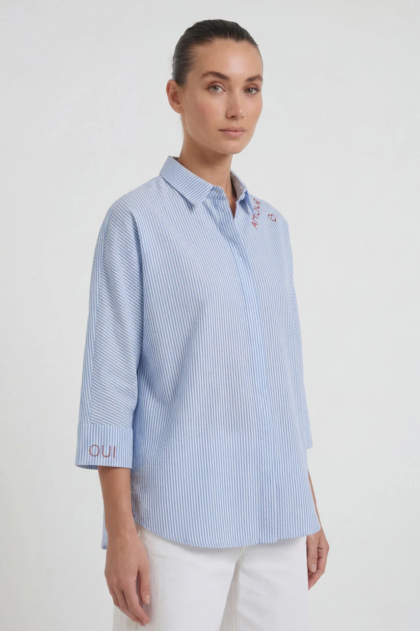 Casual women's blouse: Woman in a blue striped blouse with embroidery, paired with white pants.
