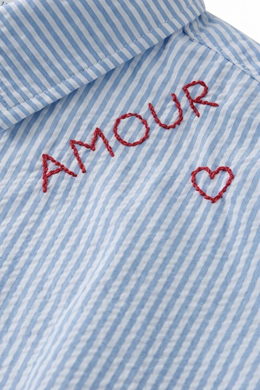 Striped blouse with "Amour" embroidery, blue and white, button-up style, casual and chic.