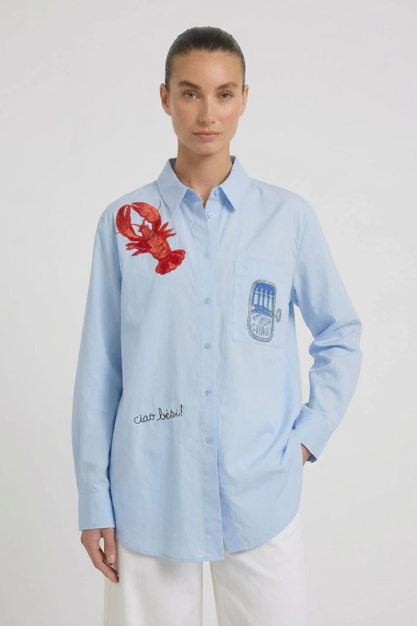 Casual women's blouse: Woman in light blue blouse with red lobster print and casual white pants.