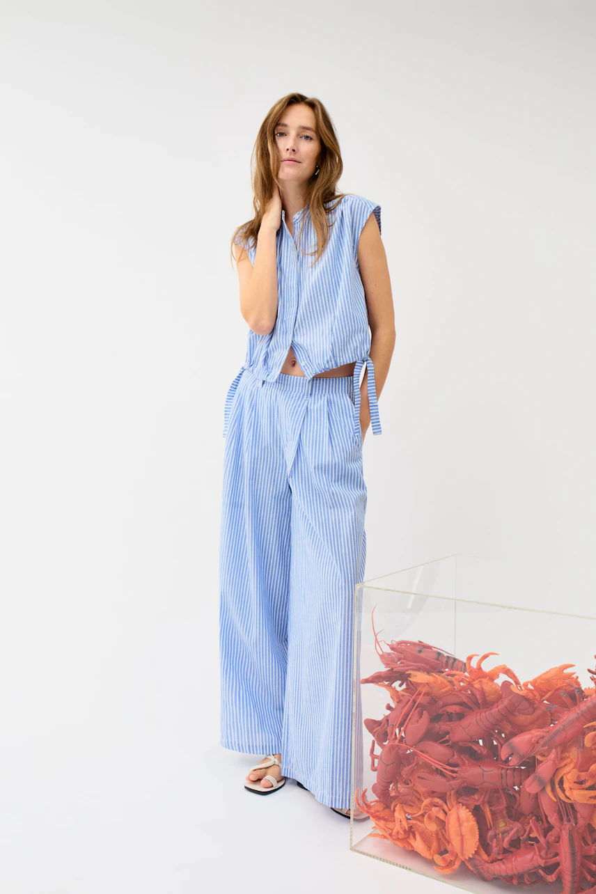 Casual blouse: Woman in a blue striped blouse with matching wide-leg pants, standing confidently.