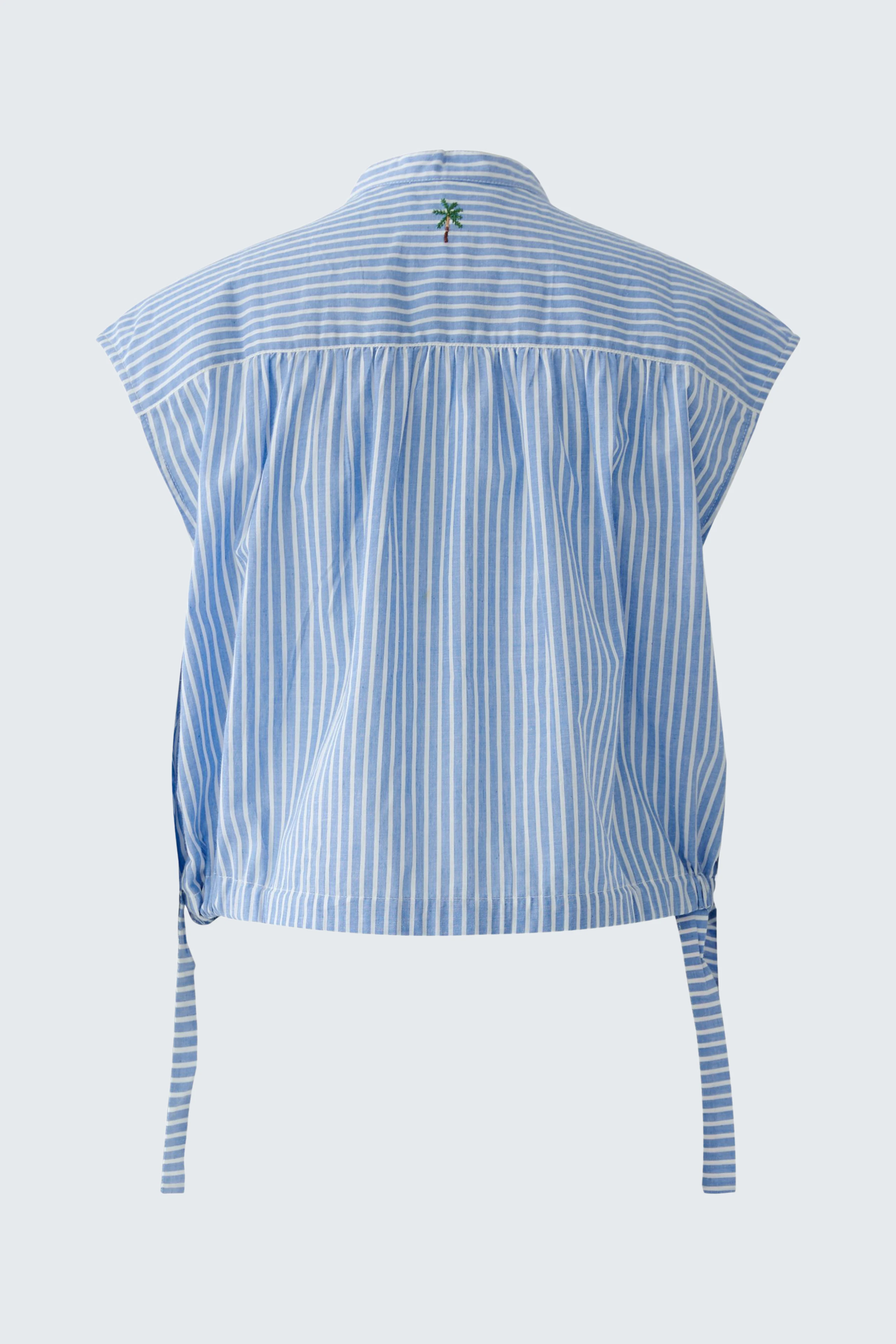 Casual women's blouse: Blue and white striped blouse with cap sleeves and tie details, no model shown.