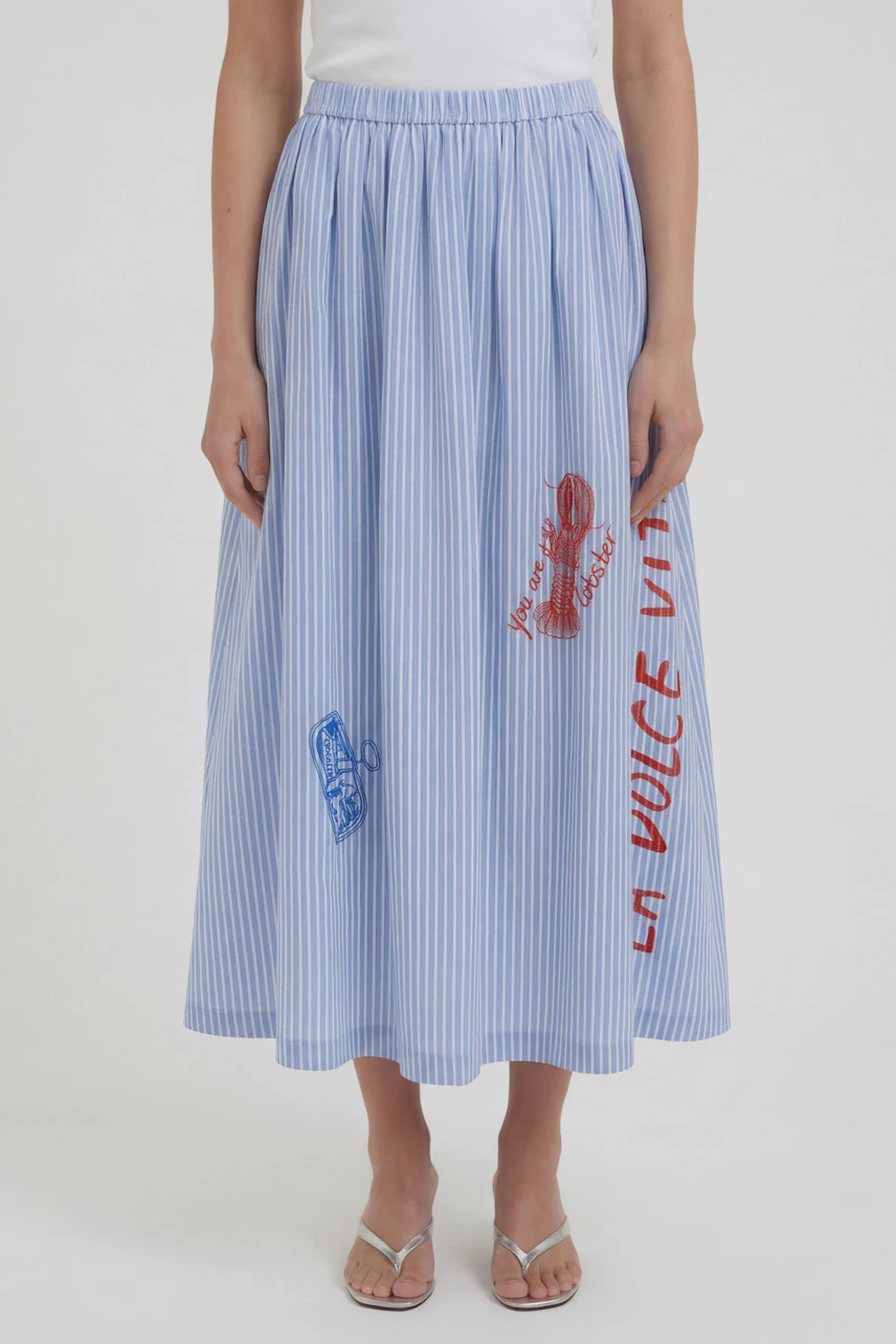 A-line skirt: Woman in a blue striped skirt with red and blue prints, paired with a white top.