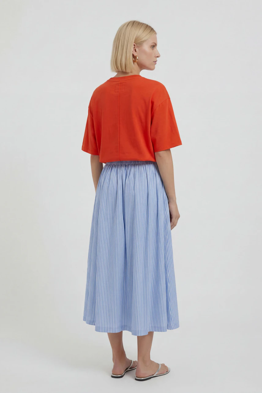 A-line skirt: Woman in a blue striped A-line skirt and red top, viewed from the back.