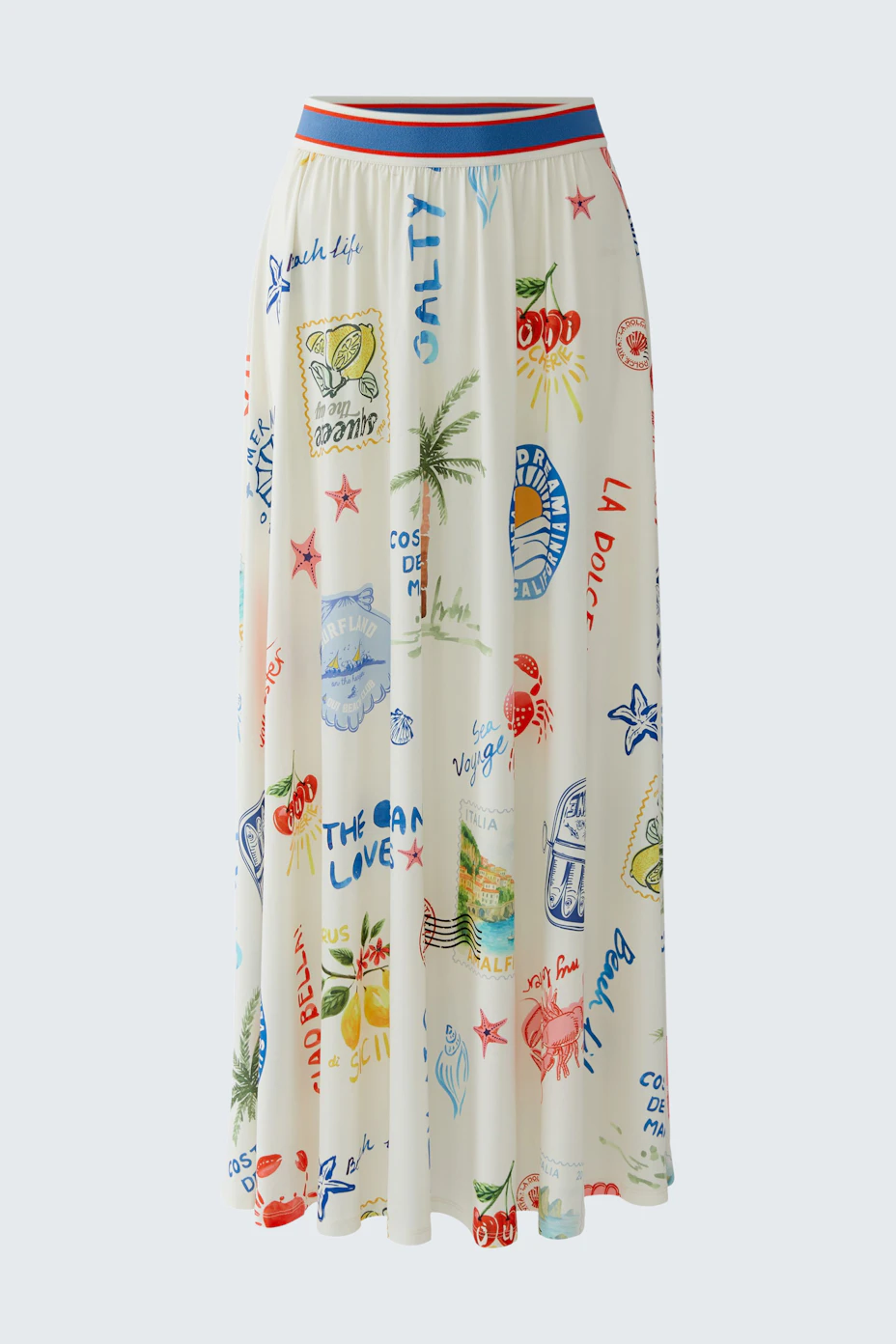 Colorful maxi skirt with playful prints, perfect for a vibrant summer look.
