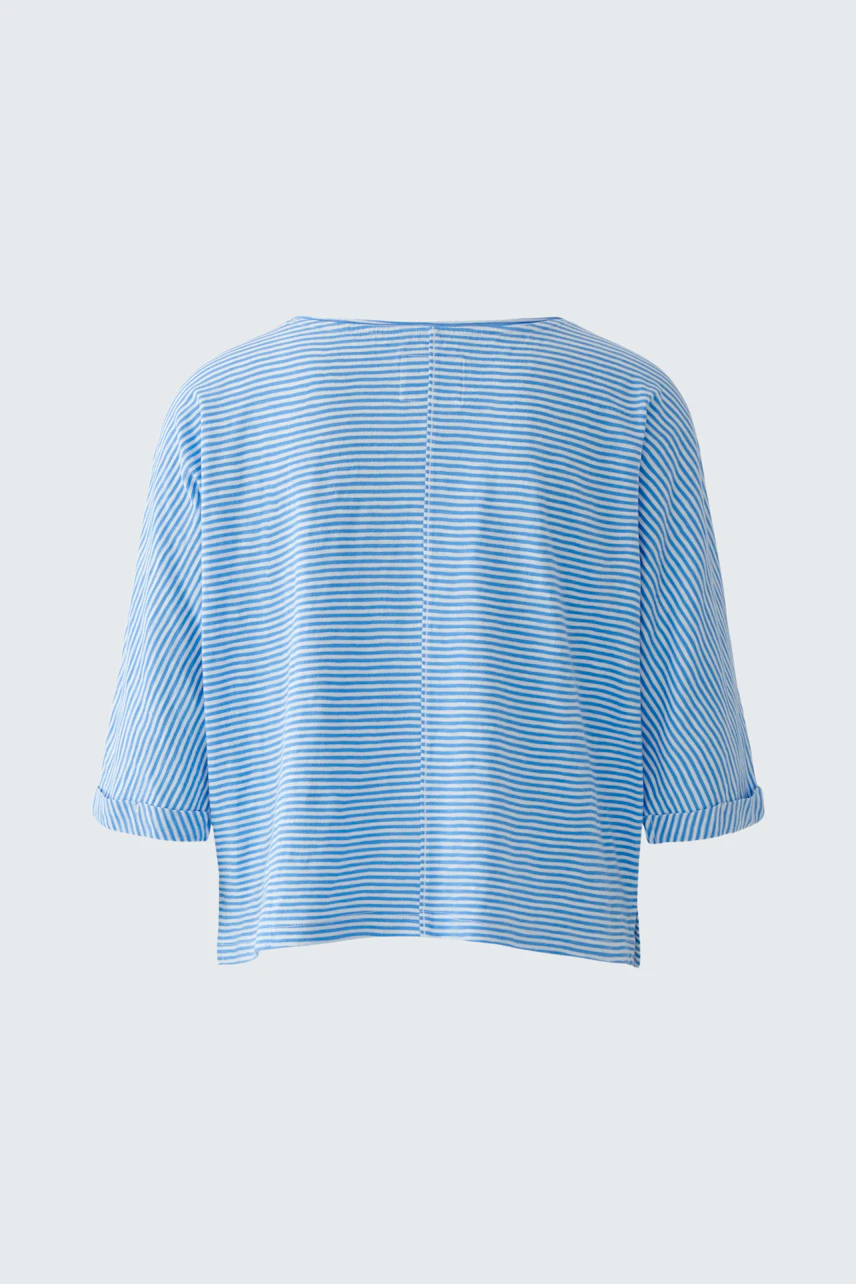 Casual women's T-shirt: Blue and white striped T-shirt with short sleeves, shown from the back.