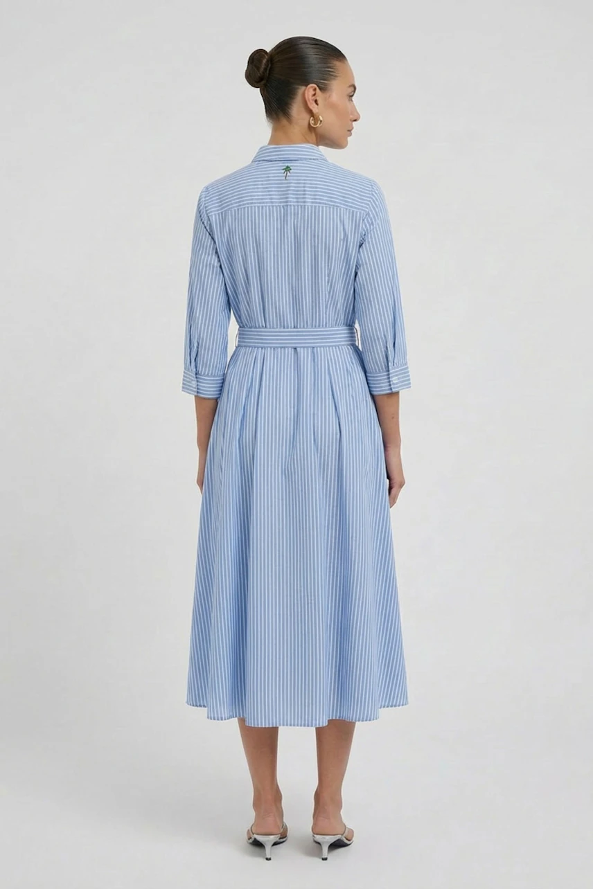 Striped midi dress: Woman in blue and white striped dress with belt, standing confidently.