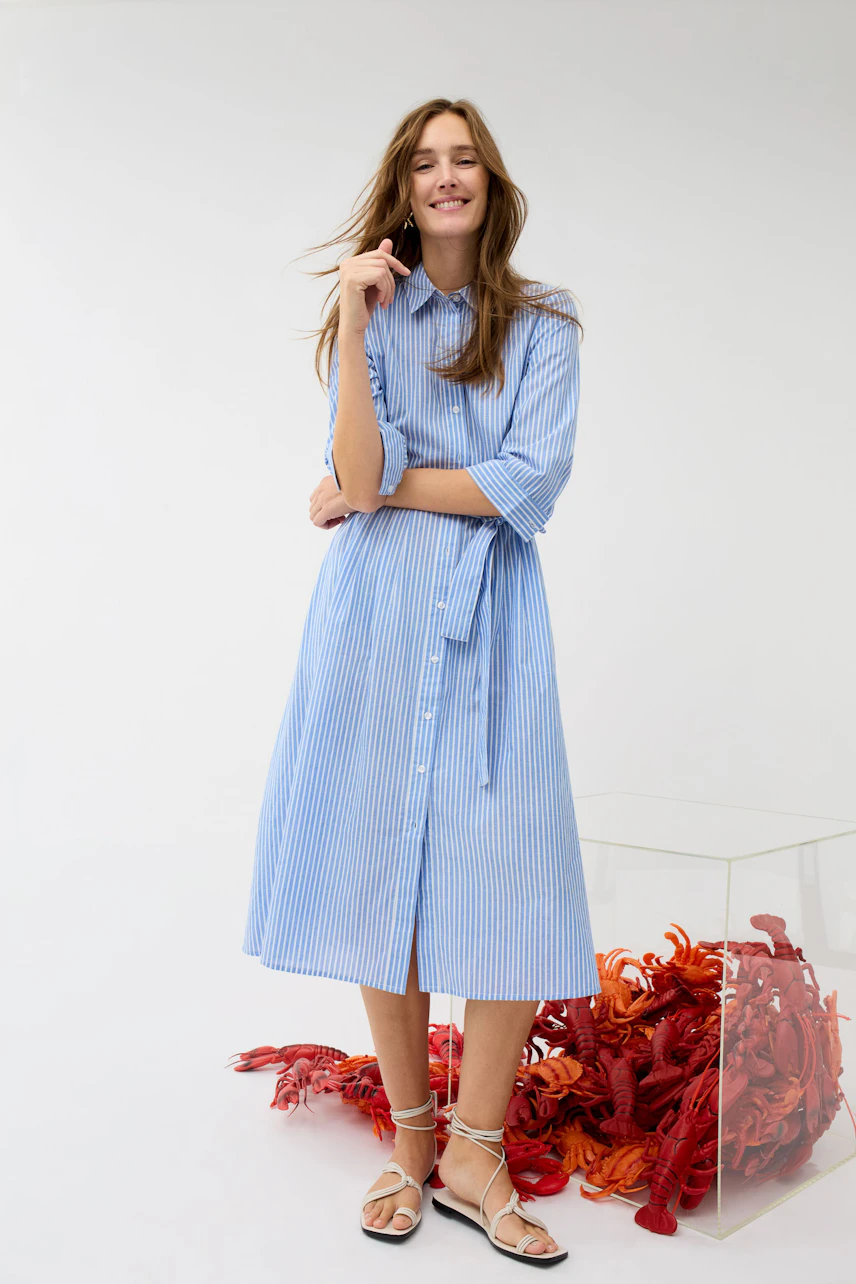 Casual midi dress: Woman in a blue striped midi dress with a tie waist, smiling confidently.