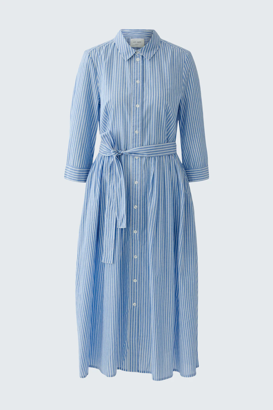 Striped blue midi dress with a belt, button-down front, and 3/4 sleeves. Casual and versatile.