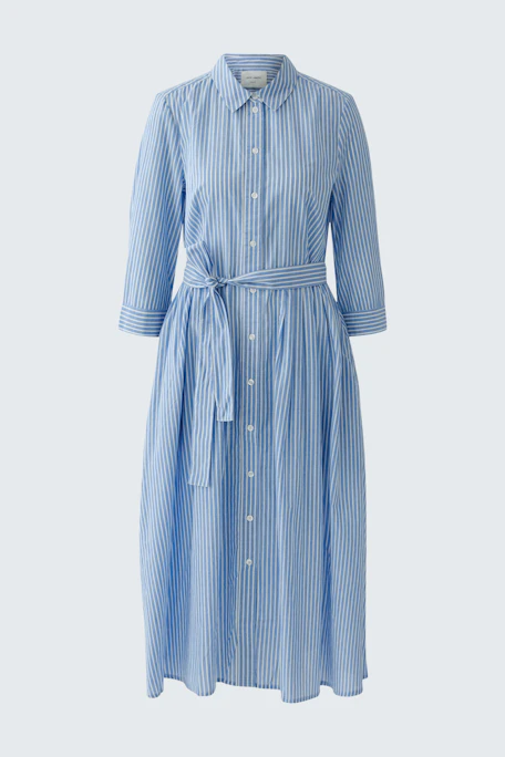 Striped blue midi dress with a belt, button-down front, and 3/4 sleeves. Casual and versatile.