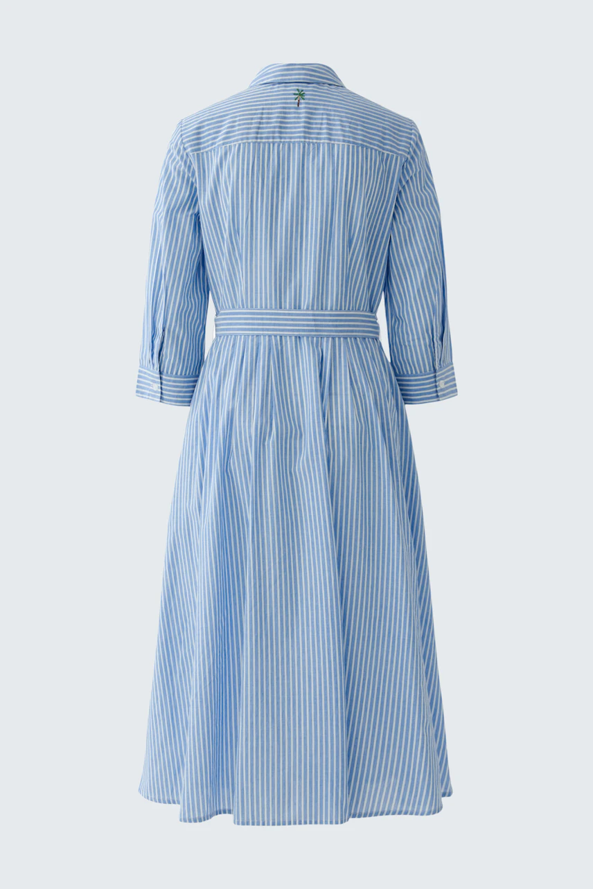 Striped blue midi dress with 3/4 sleeves and a belt, displayed on a hanger.