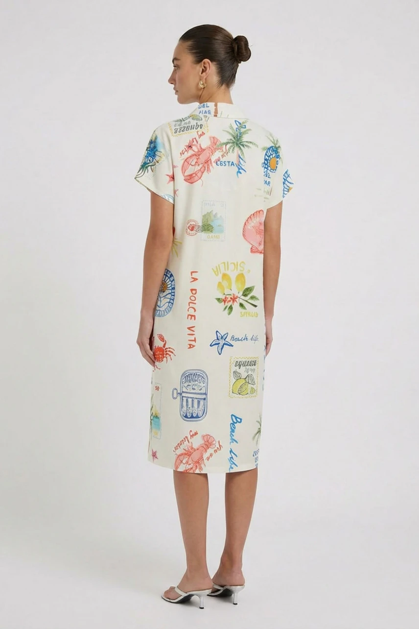 A-line dress: Woman in a printed A-line dress with short sleeves and colorful patterns, standing confidently.