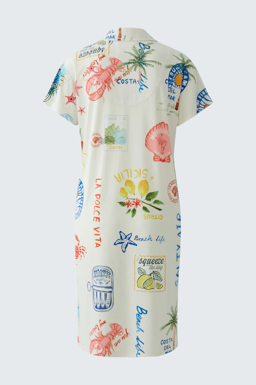 Colorful A-line dress with playful beach-themed prints, perfect for a casual summer look.